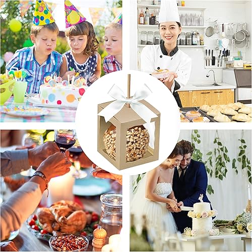 Miniatura 5 de Cajas de manzana caramelo con agujero, paquete de 12, cajas de papel kraft brillante de 4 x 4 x 4 pulgadas con bordes festoneados, suministros de