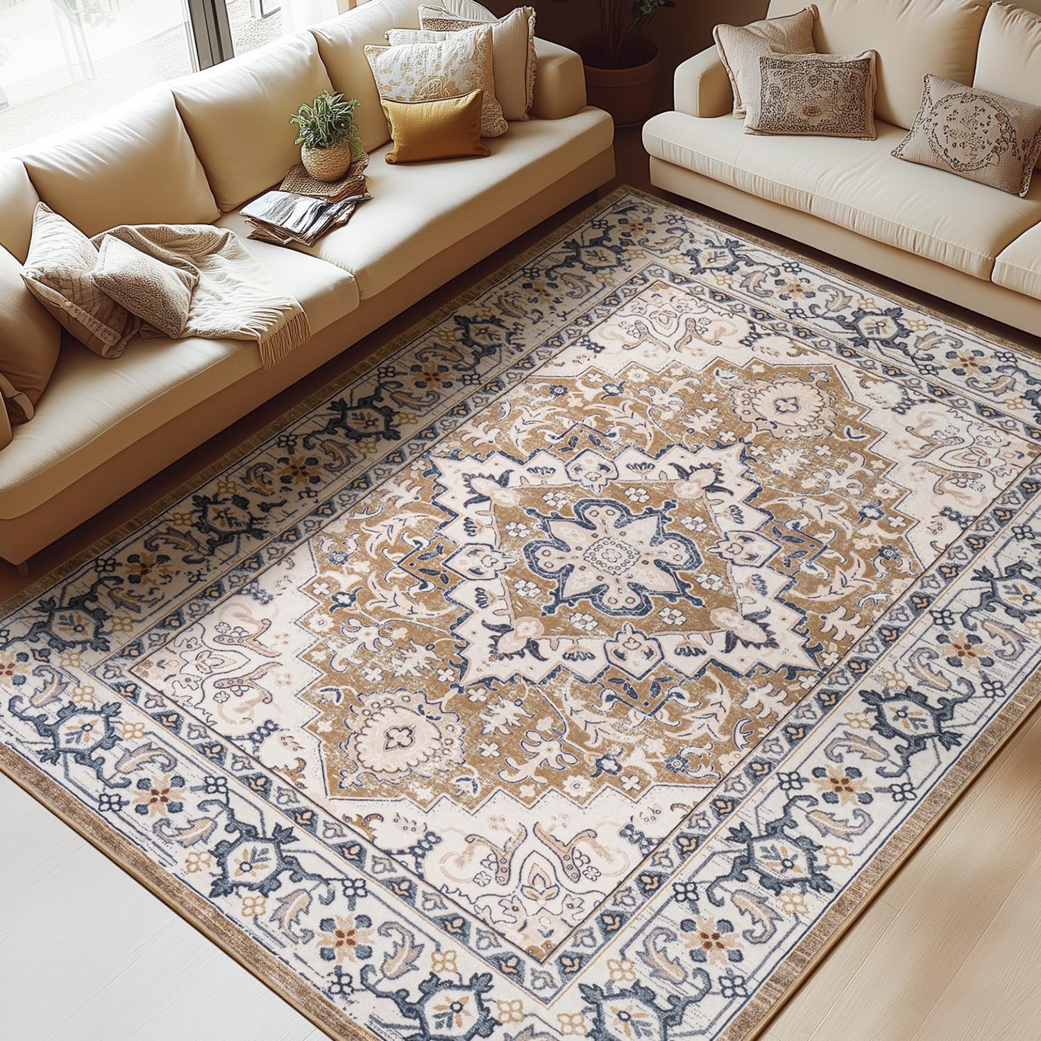 Lessymo Area Rugs 10 x 14 for Living Room, Machine Washable Area Rugs Boho Faux Wool Low Pile Area Rug for Bedroom, Floral Medallion Vintage Rugs with