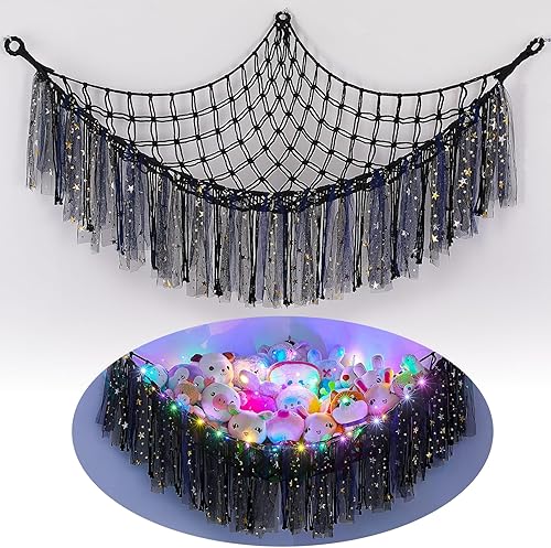 FIOBEE Red de animales de peluche o hamaca con luz LED, hamaca de juguete colgante para animales de peluche, organizador de almacenamiento para