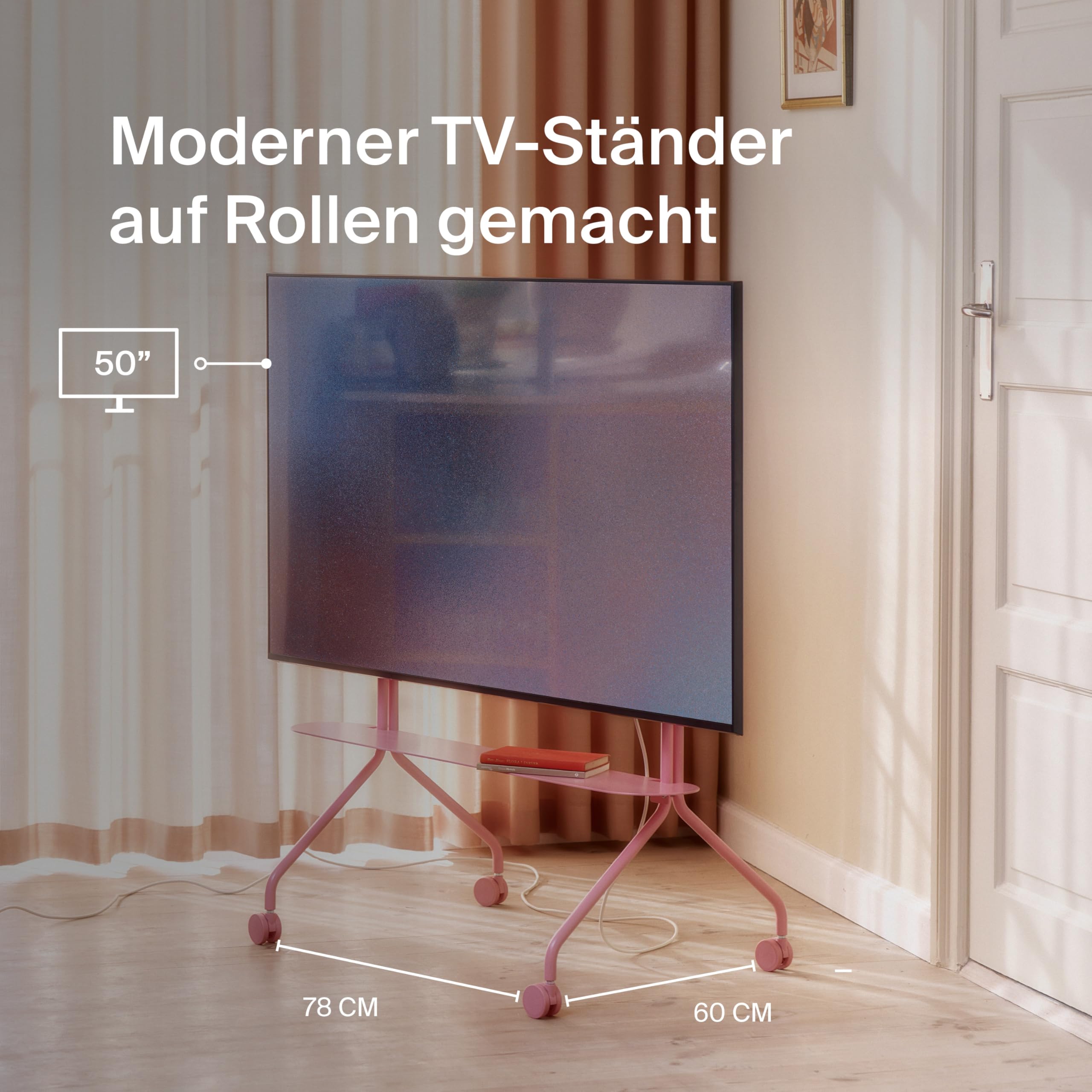 Pedestal Moon Rollin’ TV Ständer mit Rollen für Fernseher 44–60 Zoll | Fernsehständer & TV Wagen | TV Standfuss Rollbar | TV Bodenständer für Wohnzimmer | TV Erhöhung (Bubble Gum)