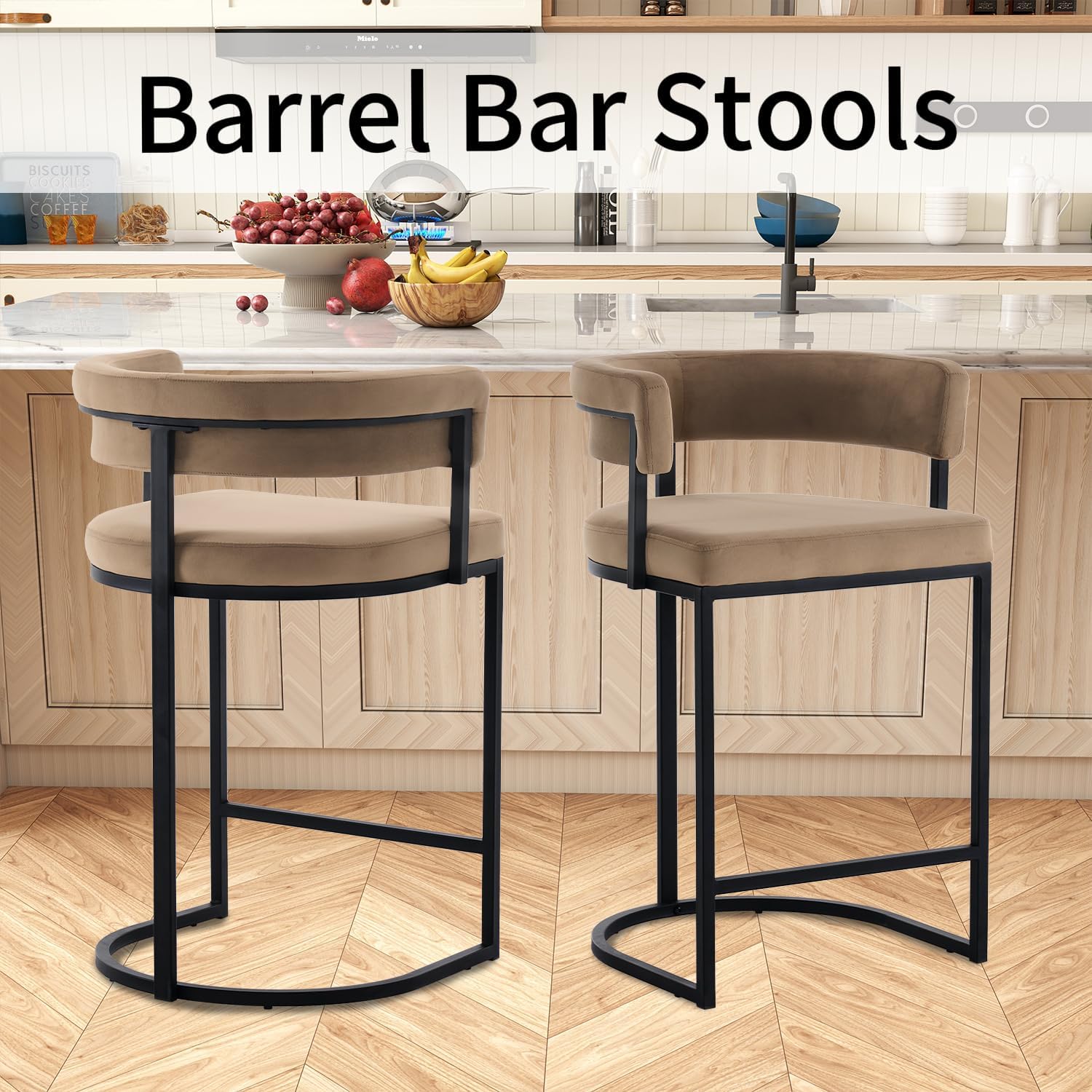 Modern Barrel Bar Stools Set of 4, 24" Counter Height Stools, Velvet Counter Stool with Comfy Back and Arms, Sherpa Upholstered Kitchen Island Chair, Brown