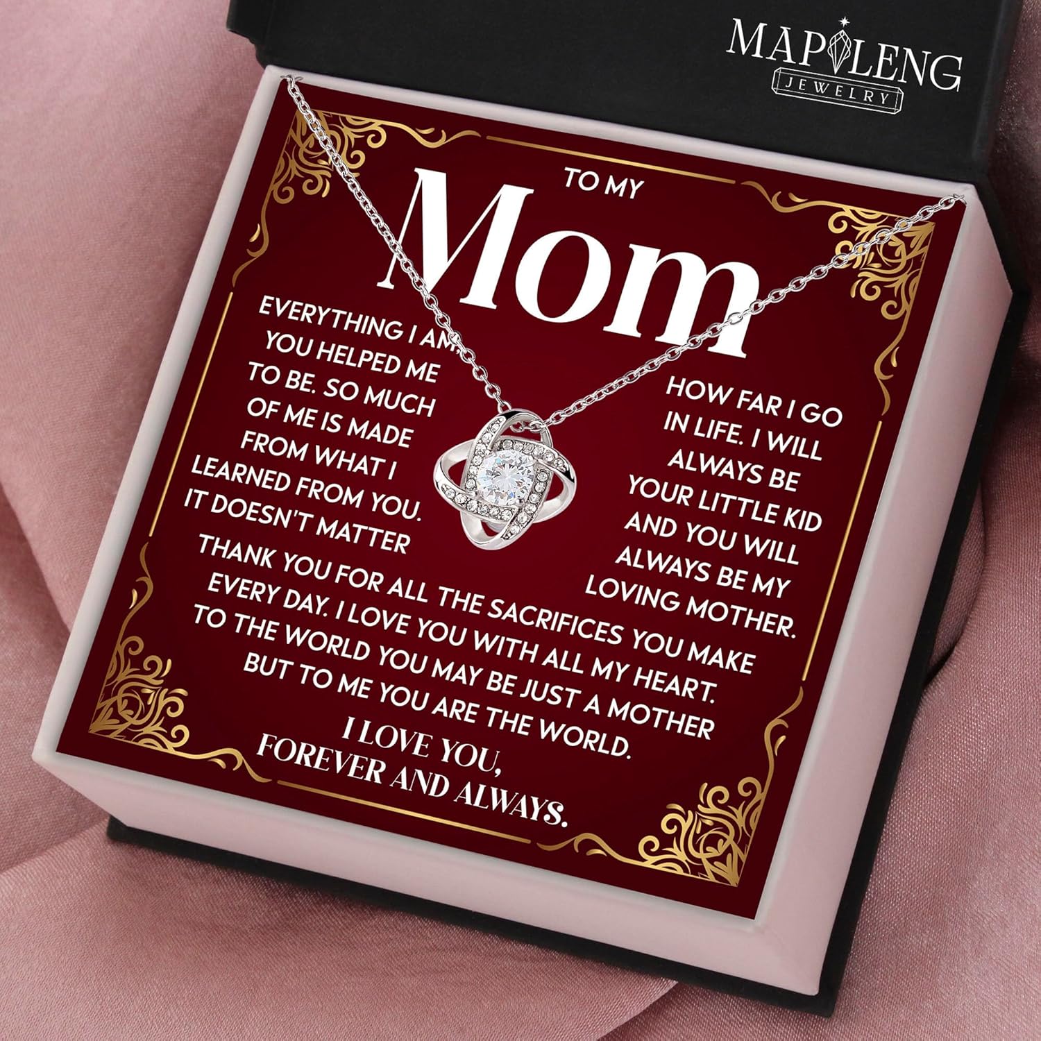 To My Mom Necklace – Inspirational Love Knot Cubic Zirconia Pendant For Mom, Elegant Chain Jewelry Present from Daughter or Son, Meaningful Keepsake Mother’s Day, Birthday, Christmas