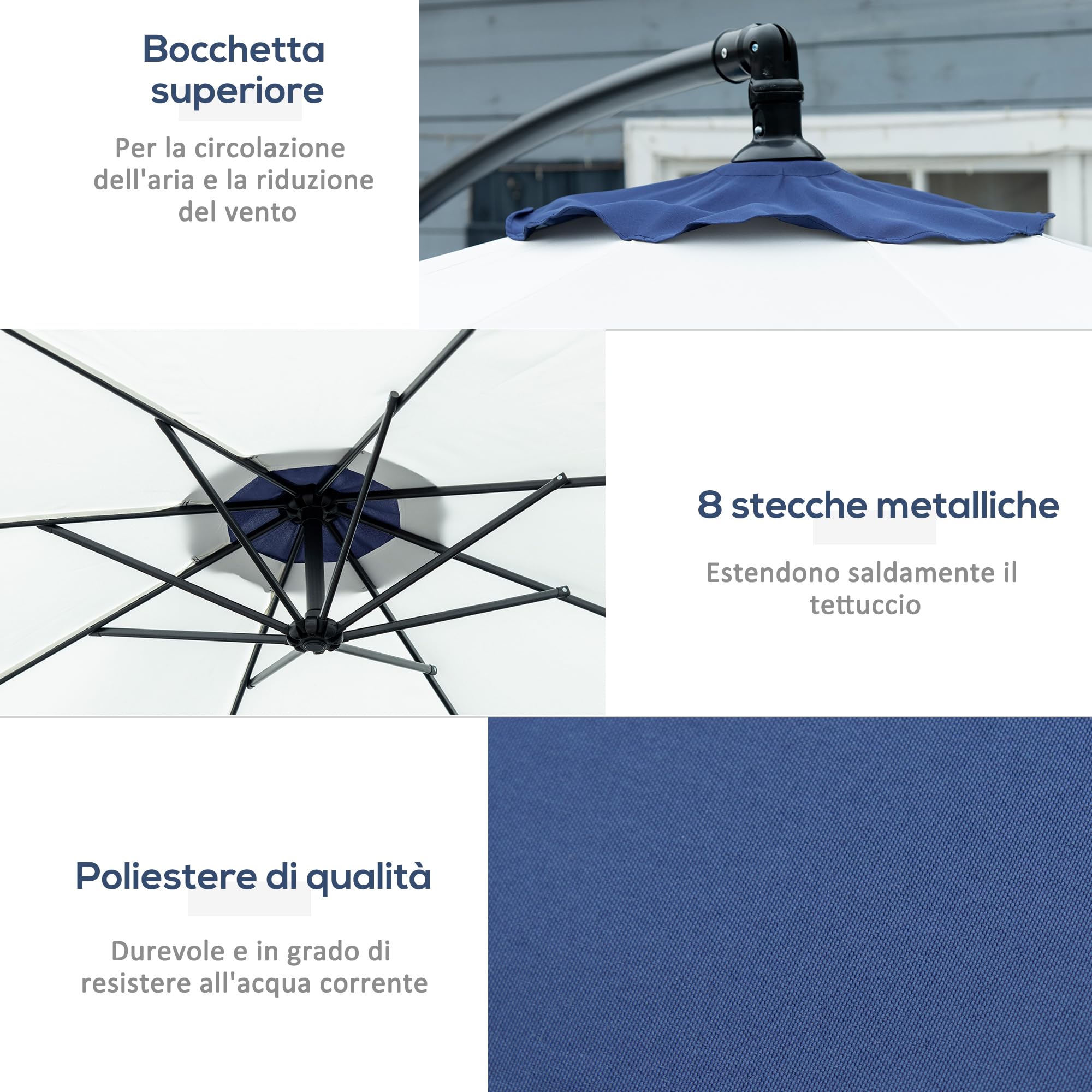 Outsunny Ombrellone da Giardino 3x2 m Base a Croce Apertura a Manovella Presa d'Aria Metallo Poliestere