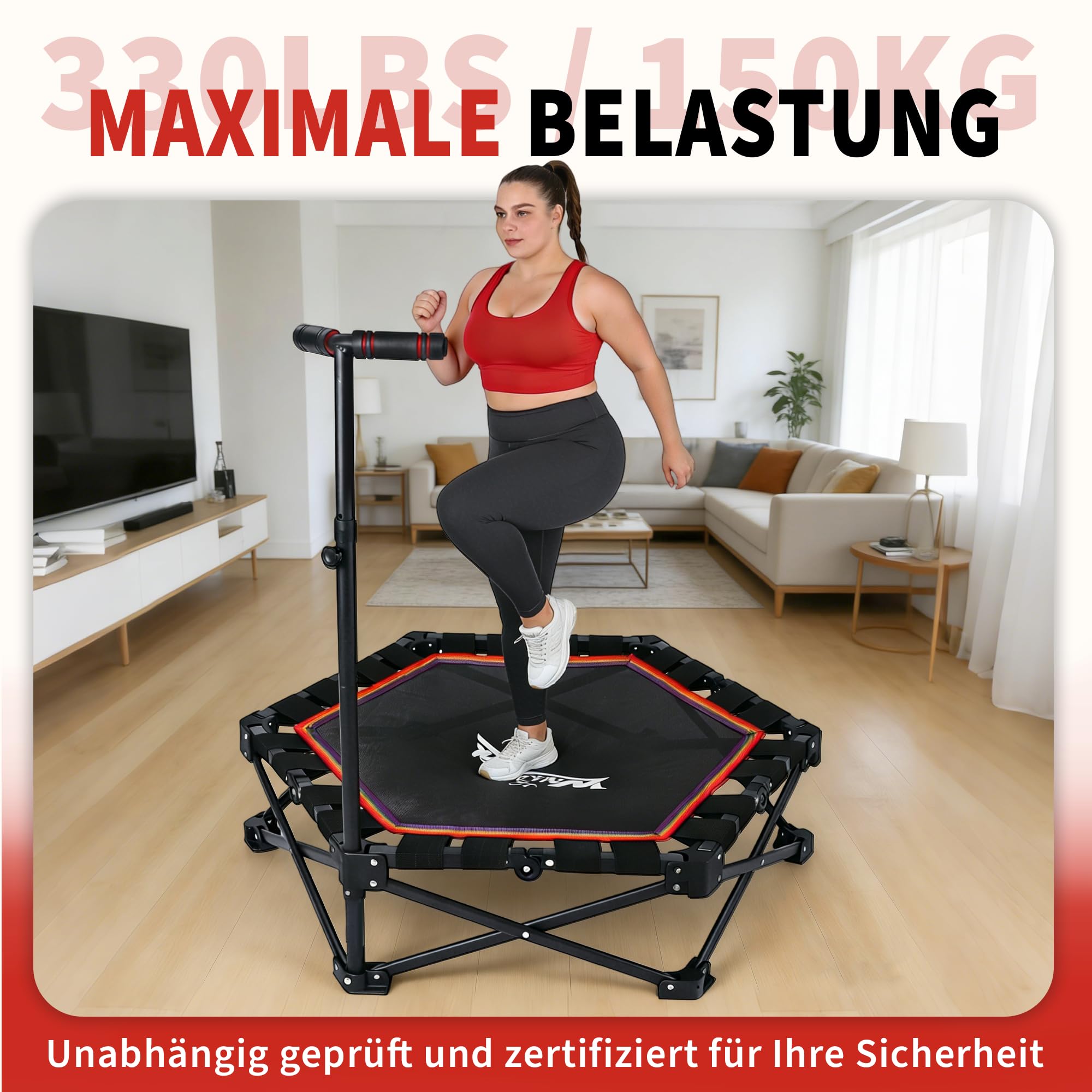 Trampolin Indoor Klappbar - Mini Trampolin mit Höhenverstellbarer Handgriff - Tragkraft 150 kg - Ø 86.5 cm - Jumping Trampolin Fitness für Erwachsene & Kinder - Sport Geräte für Zuhause