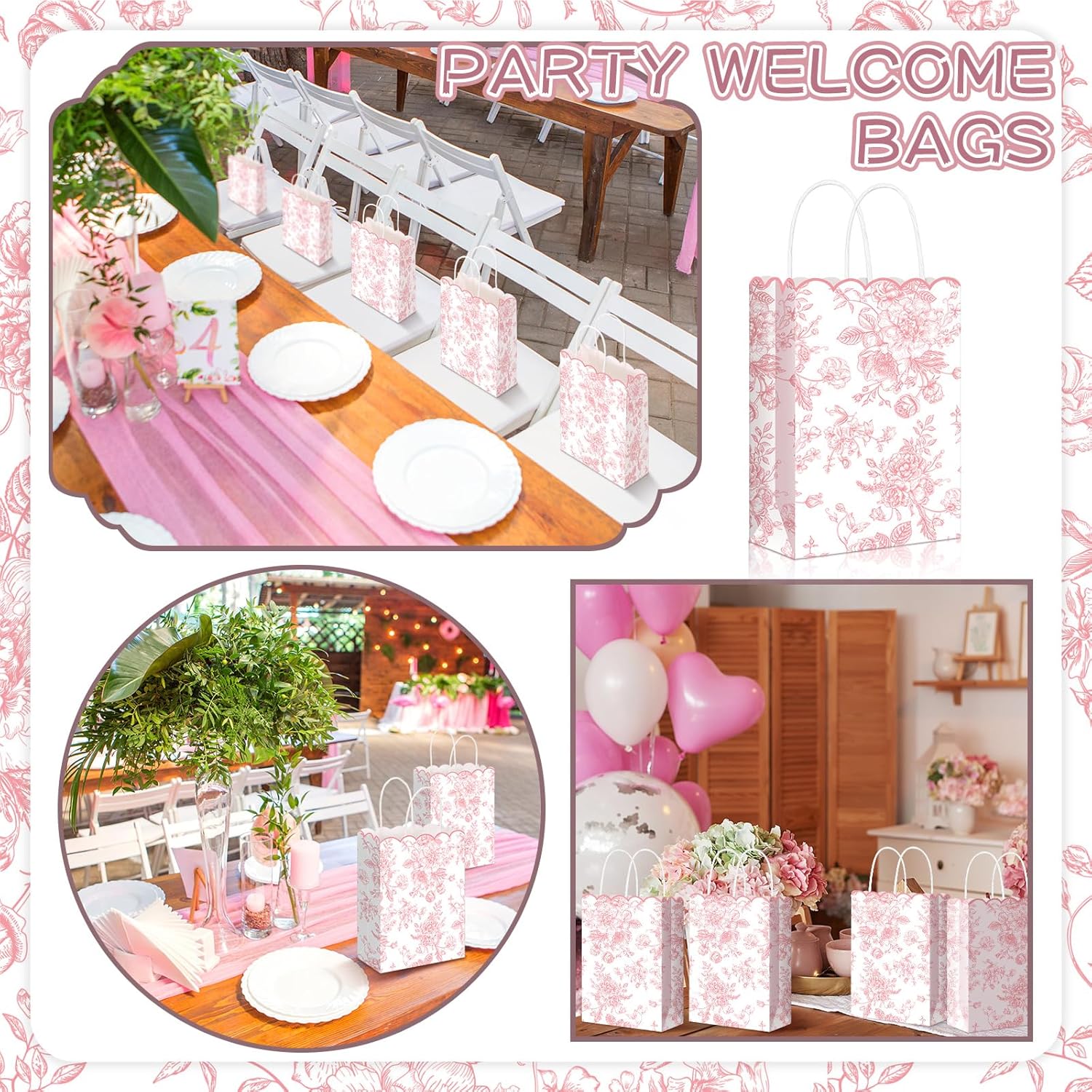 Kolldenn 24 Pcs Pink Floral Gift Bags with Handles Wildflower Party Favor Candy Treat Goodie Bags Scalloped for Birthday Decoration for Bridal Baby Shower Party Supplies - Image 5