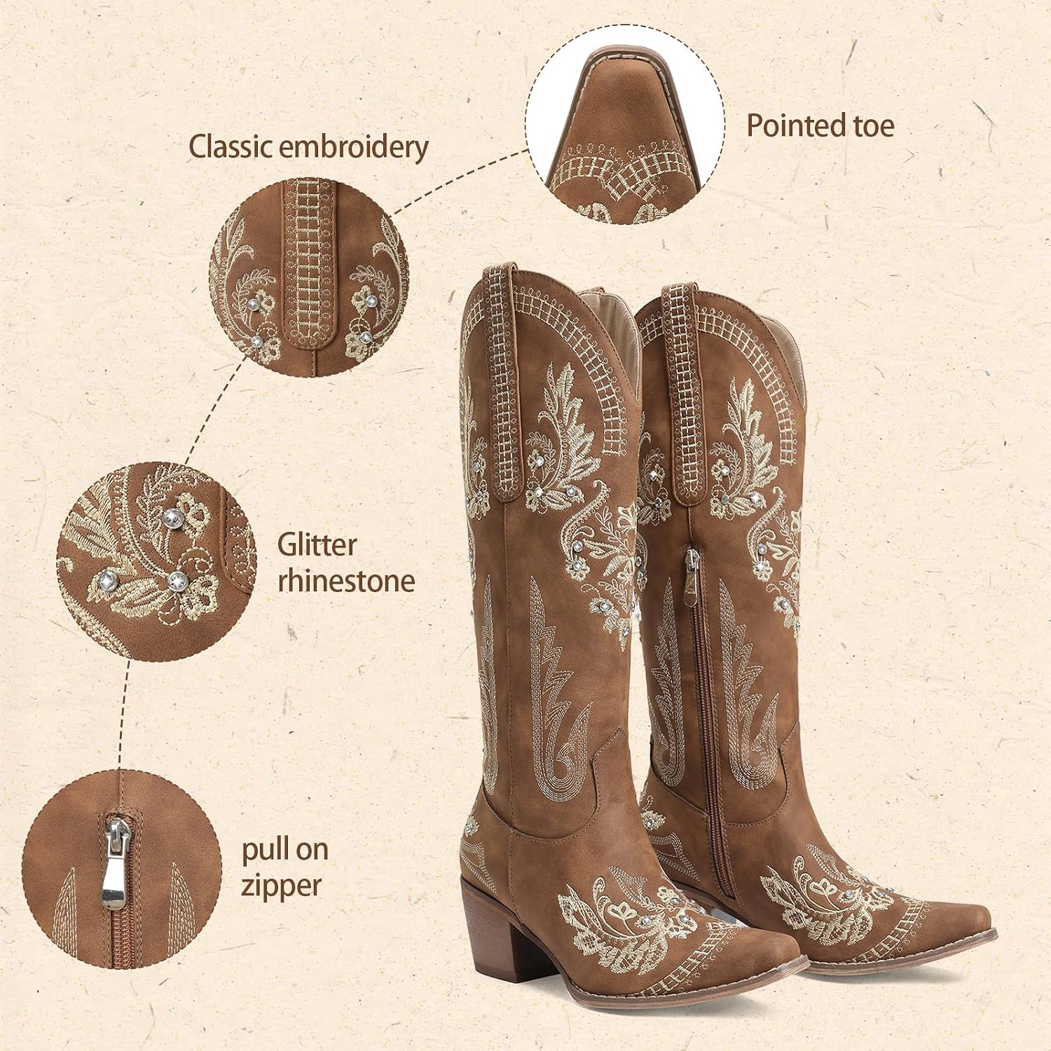 CELNEPHO Cowboy Boots for Women Wide Calf Knee High Cowgirl Boots Embroidered Rhinestones Chunky Heel Pointed Toe Western Retro Boot