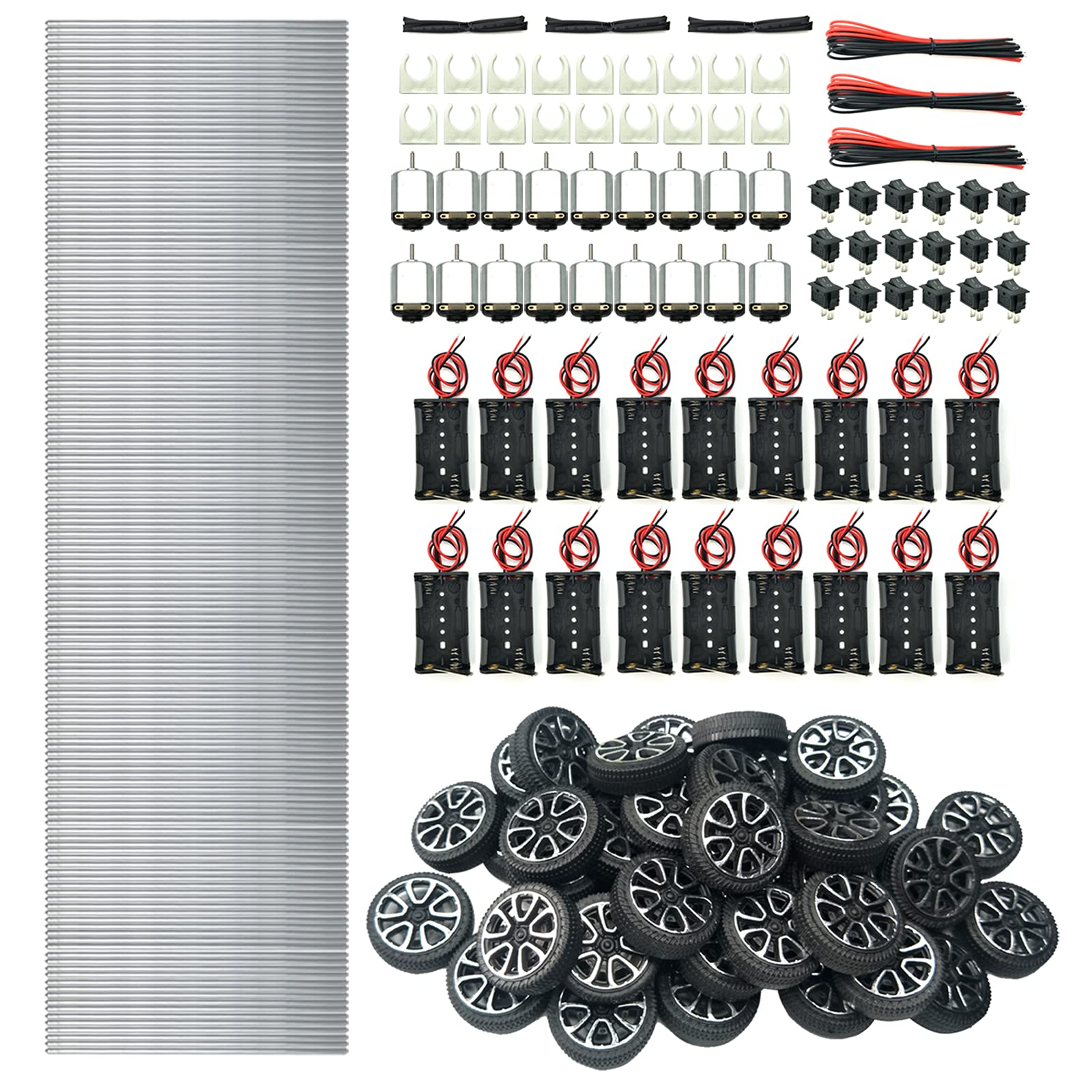 EUDAX18 Set Mini Electric 1.5-3V 24000RPM Hobby DC Motors Kit with 300 Pcs Plastic Roll 2mm Dia Shaft Toys Wheel and 150 Pcs 2mmx100mm STEM Shaft Round Rod Axles for DIY STEM Toy RC Car Truck Boat He