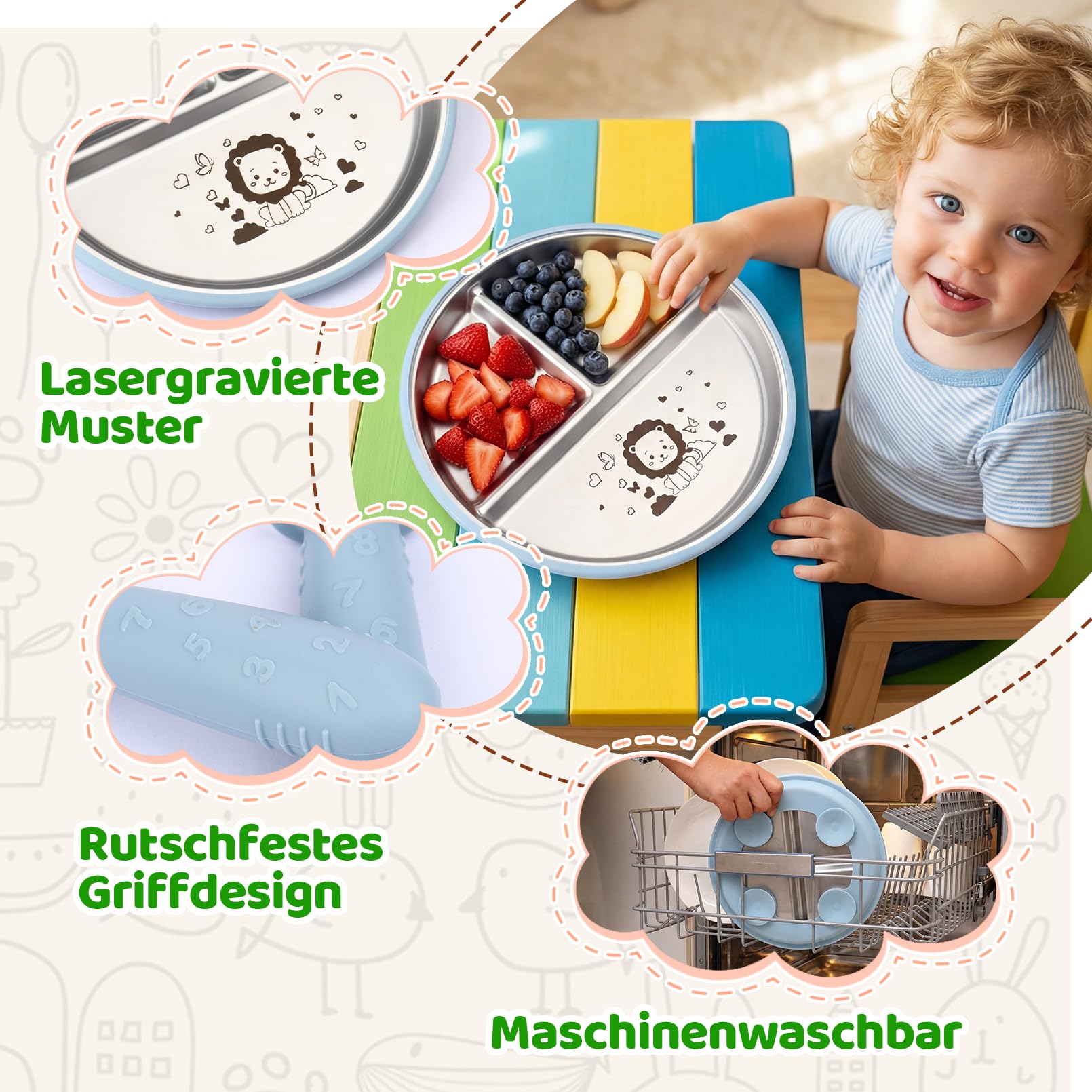 OXYEFEI Edelstahl Teller Baby,Kindergeschirr Set mit Tiermotiven Baby Teller mit Saugnapf Geburtstagsgeschenke für Babys, Taufgeschenke (Blau, Löwe)