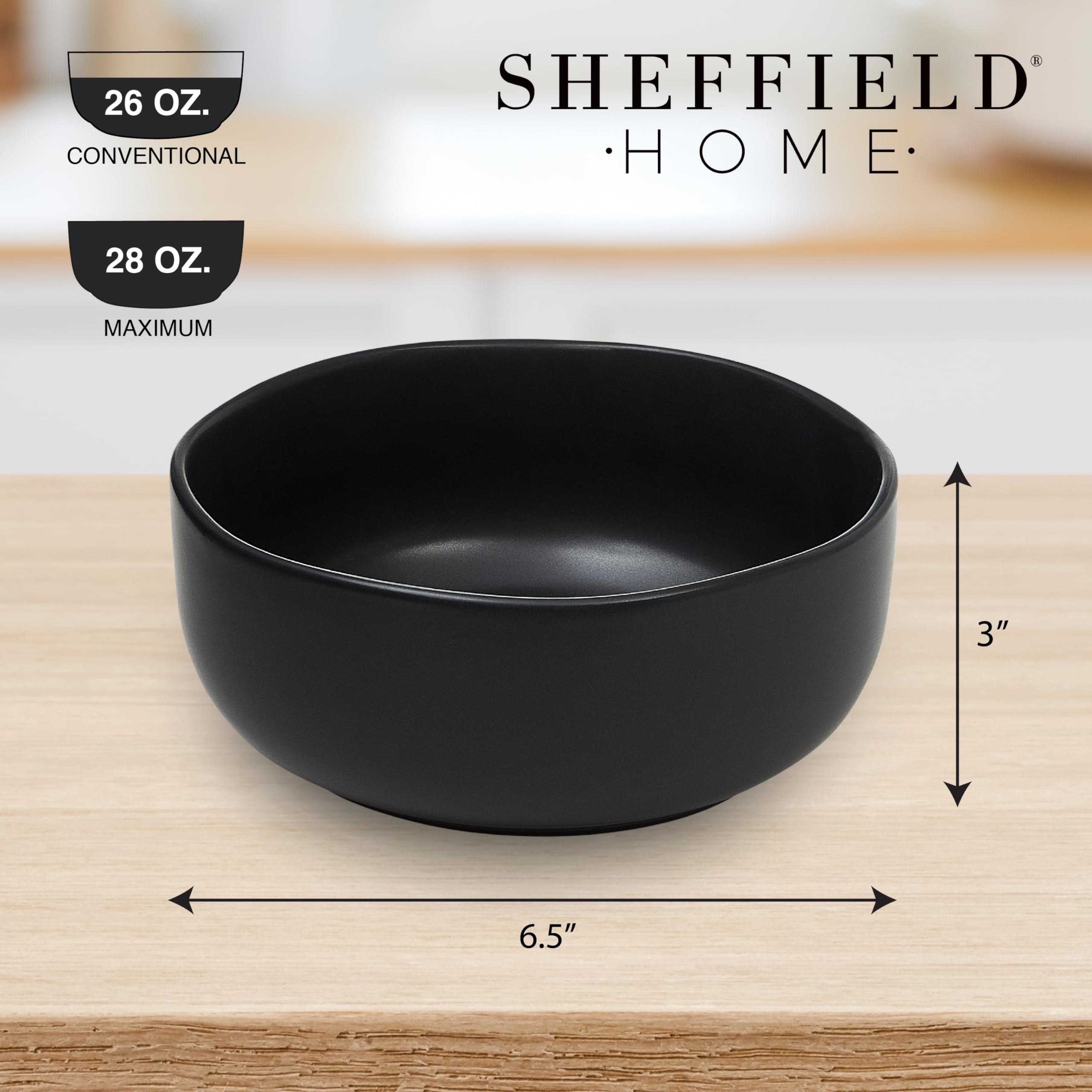 Sheffield Home Cuencos para cereales, juego de 6, 28 onzas, aptos para lavavajillas y microondas, elegantes y funcionales cuencos de desayuno para uso diario, color negro