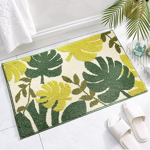 Miniatura 14 de Hi Space Alfombras de baño de 31.5 x 19.7 pulgadas, tapete de baño de hojas verdes para baño, antideslizante, lavable a máquina, suave microfibra