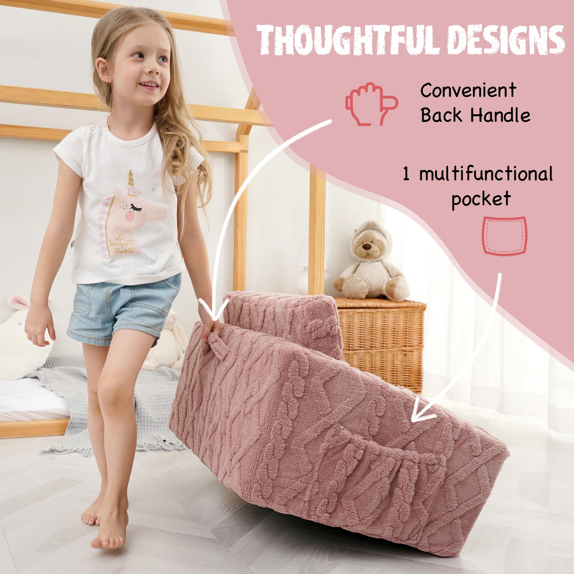 Sofá y tumbona plegable 2 en 1 para niños, silla convertible de franela suave, sofá abierto para niños (rosa) 4