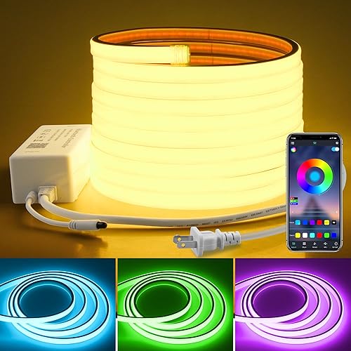 Tira de luz LED COB de 16.4 pies 110 V RGB con control remoto inteligente impermeable al aire libre RGB COB neón cuerda luz 576LEDsM cambio de color