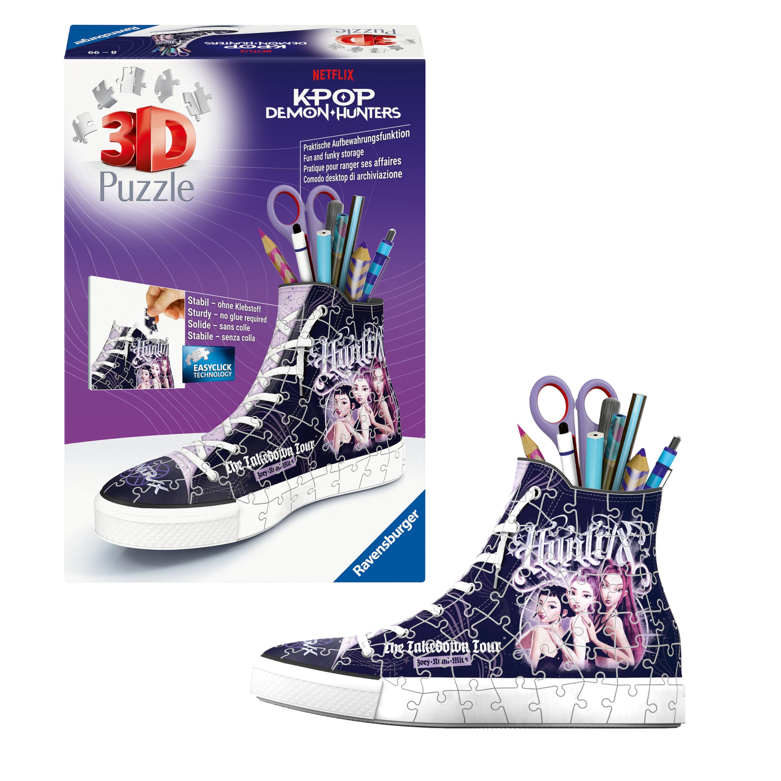 Ravensburger - Puzzle 3D K-Pop Demon Hunters Sneaker, 112 Pezzi, 8+ Anni | Puzzle 3D sneaker portapenne da 112 pezzi, K-Pop Demon Hunters, 21,40 x 13,50 cm, modellino da costruire per bambini 8+.