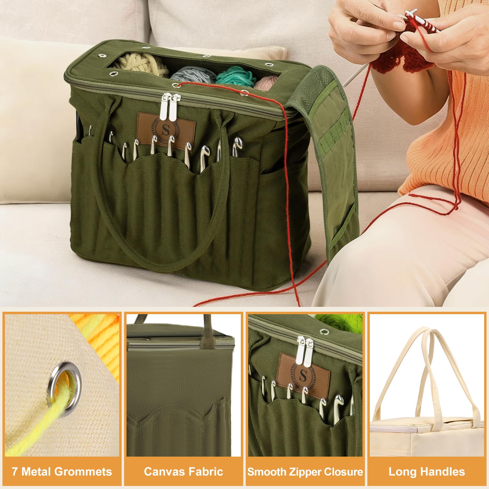 Personalisierte Häkeltasche Name, Stilvolle Garn Tasche Projekte, Leinwand Organizer Mehrere Taschen Löcher, Strick Geschenk Liebhaber Oma Mama