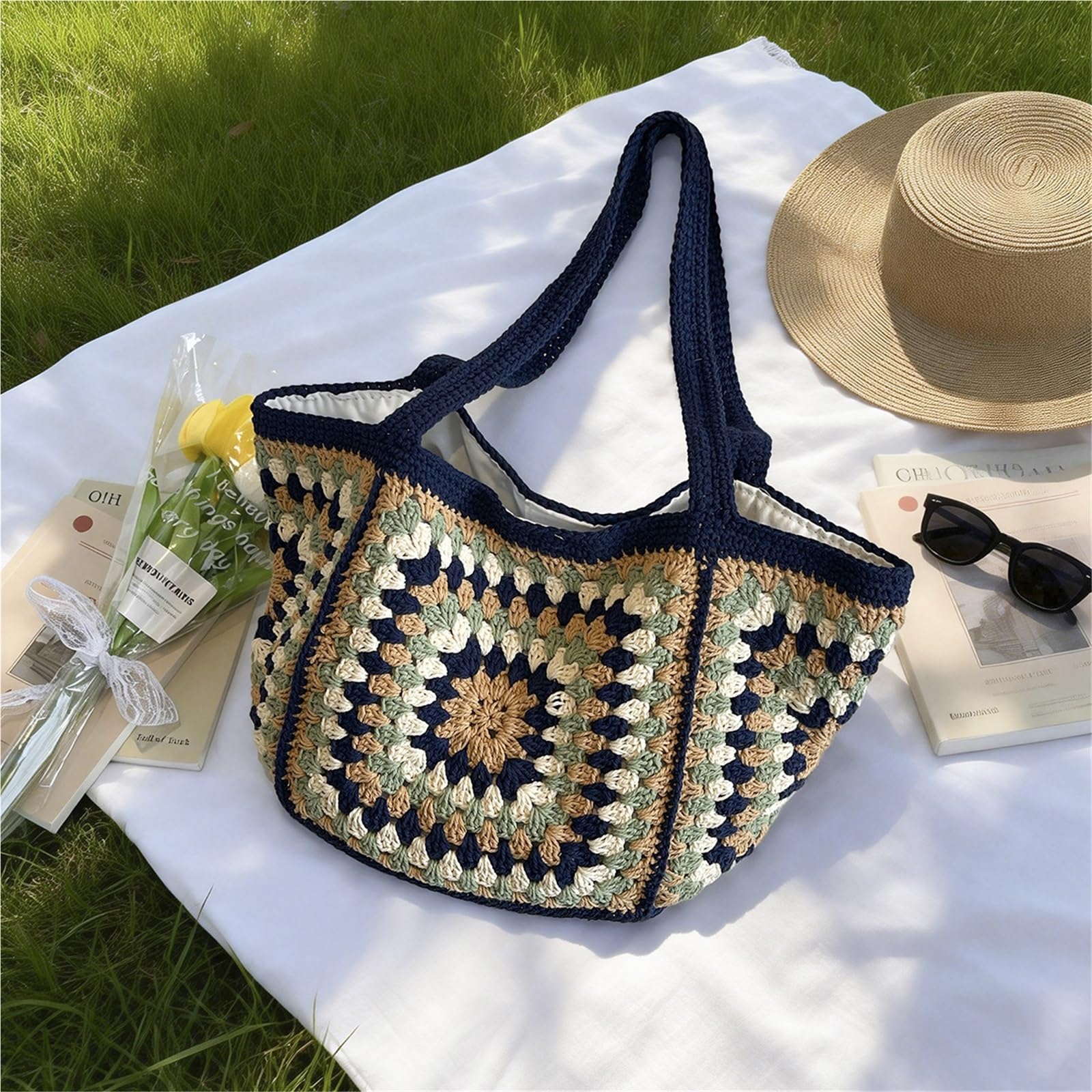 borsa donna estiva Borsa in tessuto lavorato a maglia scavata in stile coreano a tracolla etnica intrecciata for vacanze in tinta unita all'uncinetto