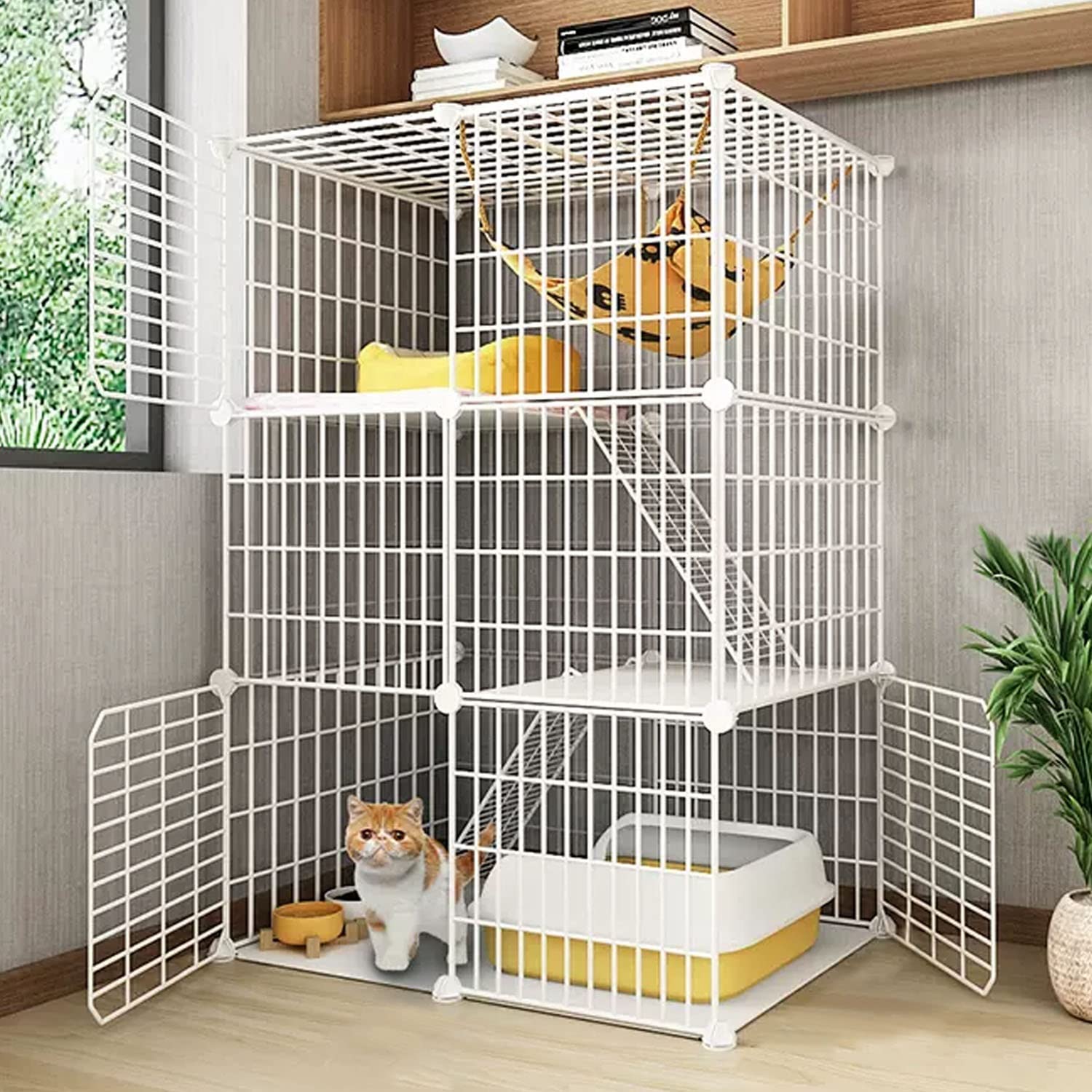 DIY-Katzenlaufstall für den Innenbereich, 3-stöckiger großer Katzenkäfig, Katzengehege, Lückenverschlüsselung, Katzennapf + Katzentoilette + Katzenstreuschaufel + Kletterleiter + Katzenstreu