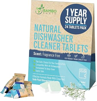 Natural Dishwasher Machine Cleaner Tablets - Plant Based Alternative Refill Dishwashing Detergent Tabs - Eco-Friendly And Plastic Free Way For Clean Dishwasher - 24 Pack Refills Dish Washer Soap Pods