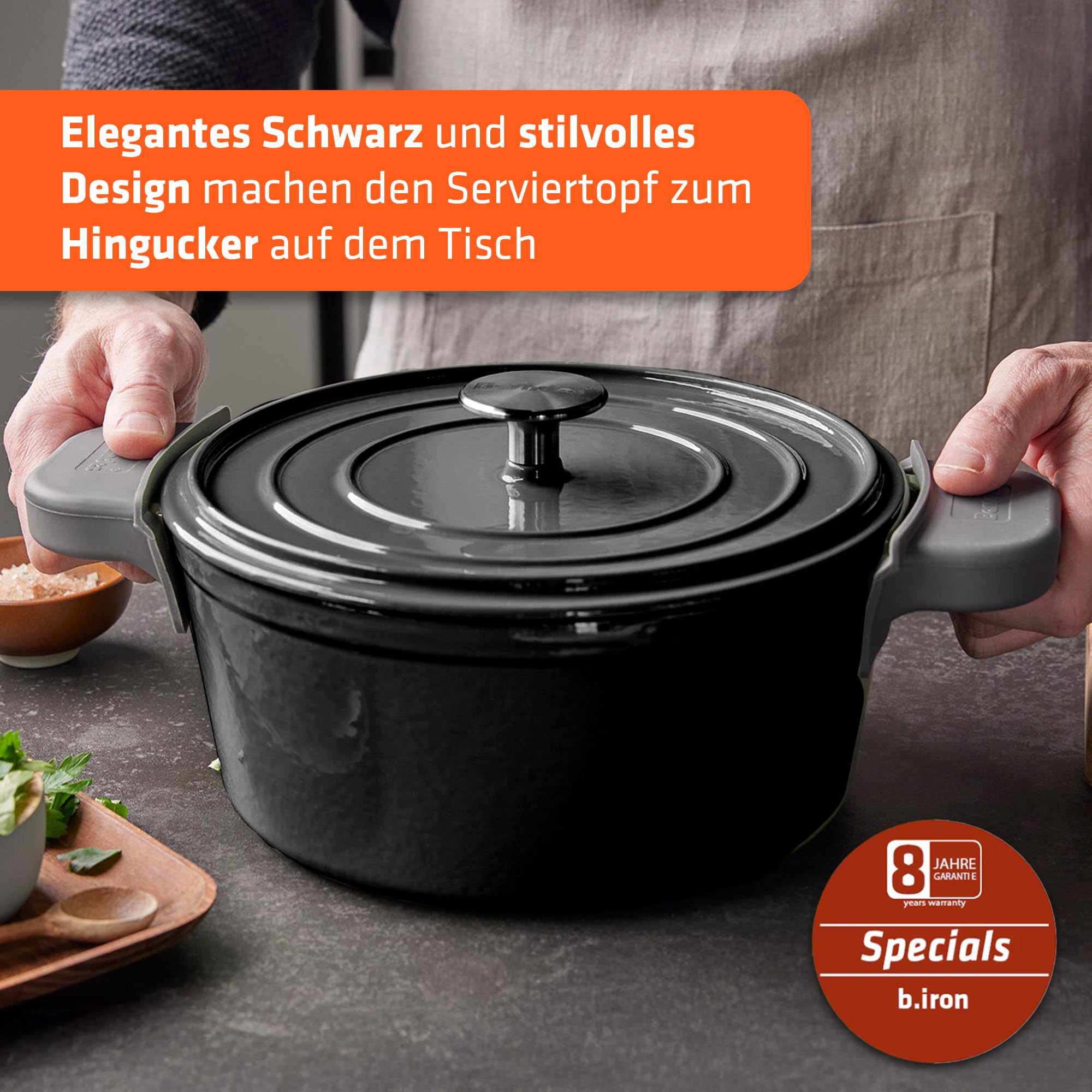 Berndes Serviertopf B.iron 0,75L mit Deckel - 14 cm - Gusseisen mit Emaillebeschichtung - Kochtopf zum Schmoren und Braten - Induktionsgeeignet - für alle Herdarten - Schwarz/Grau