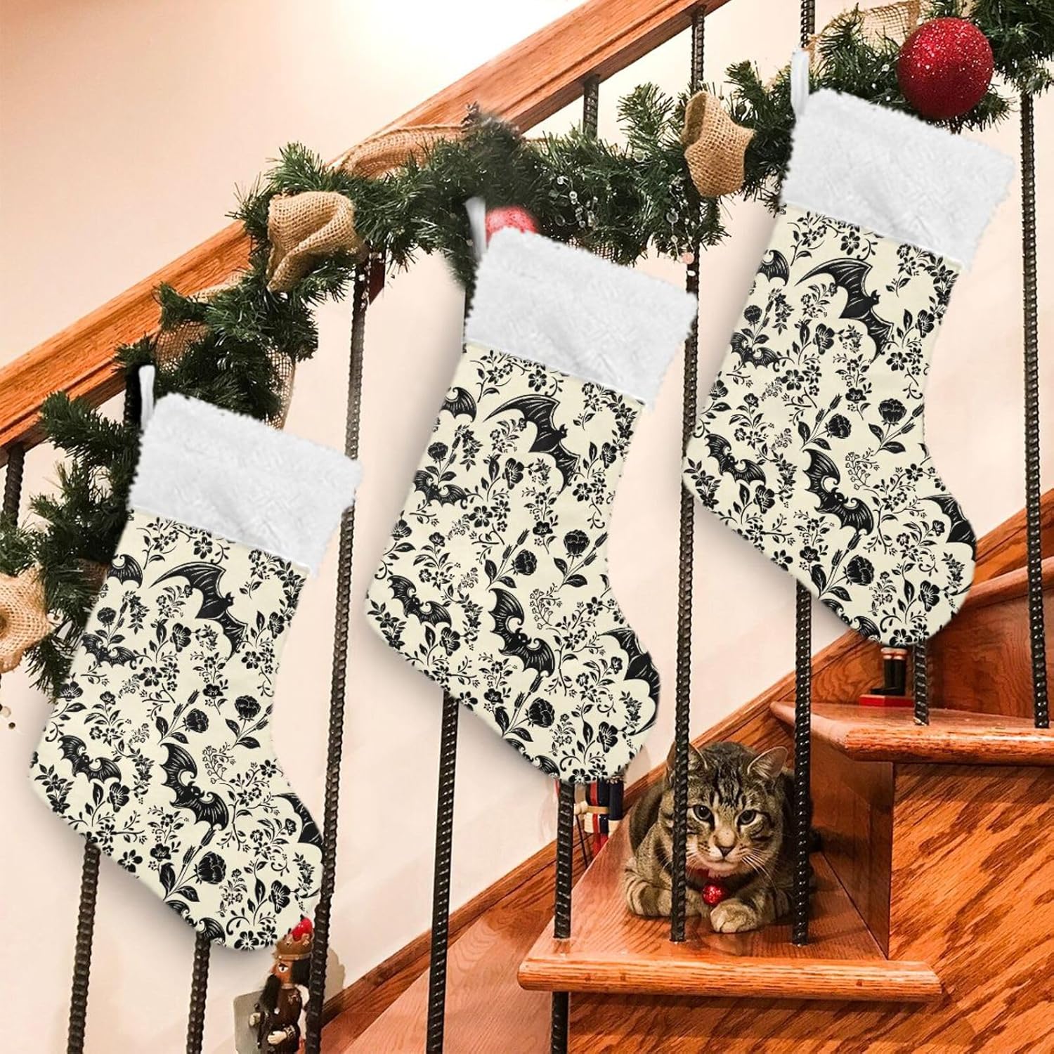 Mint Green Bat Silhouette Christmas Stocking with Plush Cuff