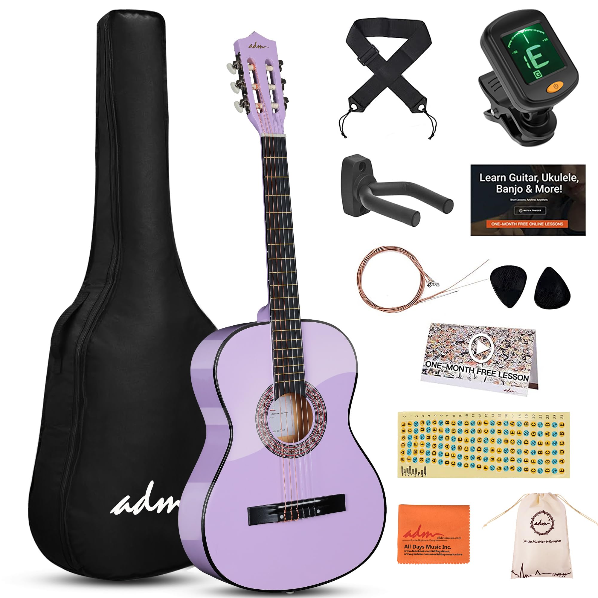ADM Beginner Acoustic Classical Guitar 38 Inch Nylon Strings Wooden Guitar Bundle Kit for Kid Boy Girl Student Youth Guitarra Online Lessons with Gig Bag, Strap, Tuner, Strings, Purple