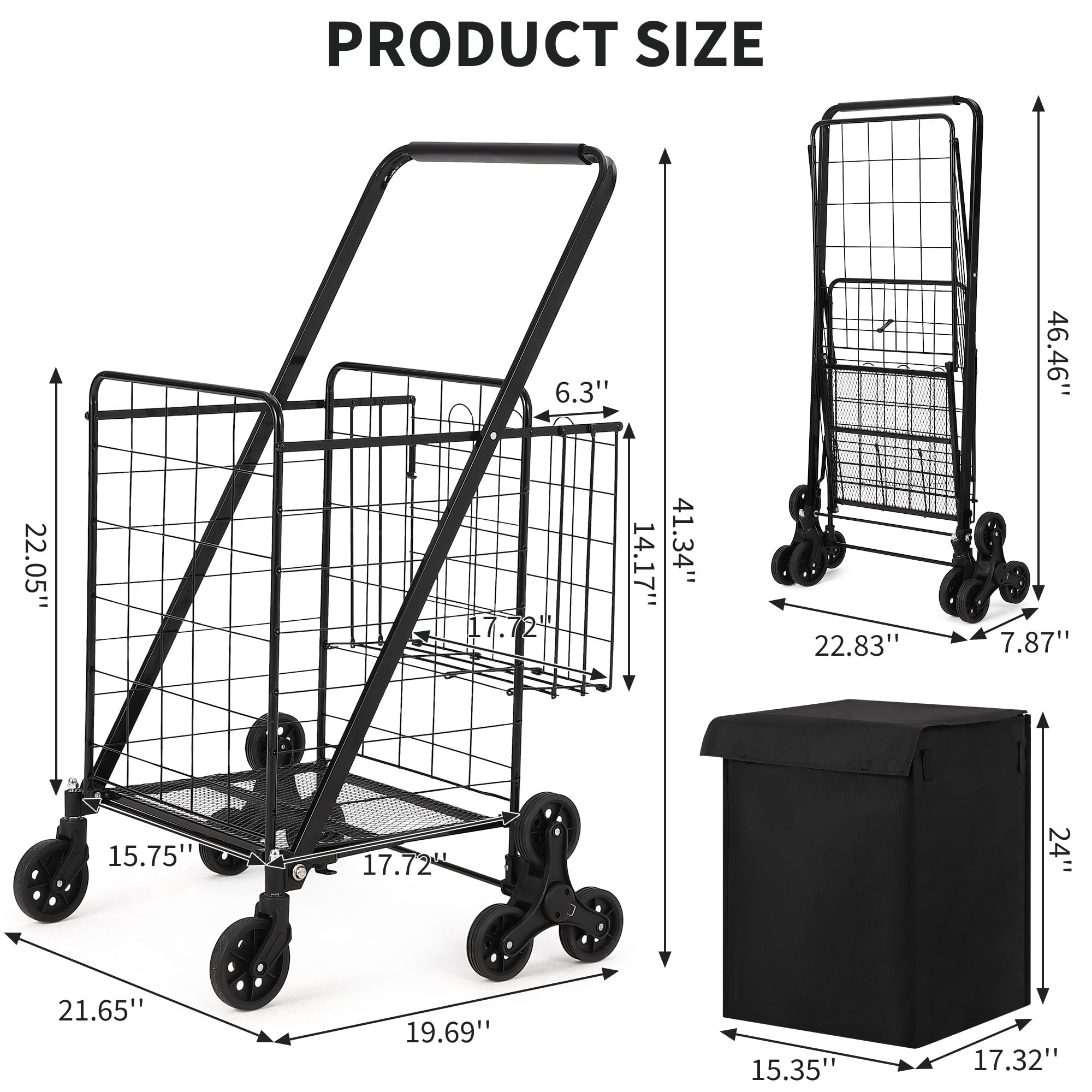 Carrello della spesa, carrello della spesa per salire le scale rivestimento impermeabile e ruote girevoli a 360°, carrello della spesa pieghevole portatile lavanderia, bagagli, campeggio