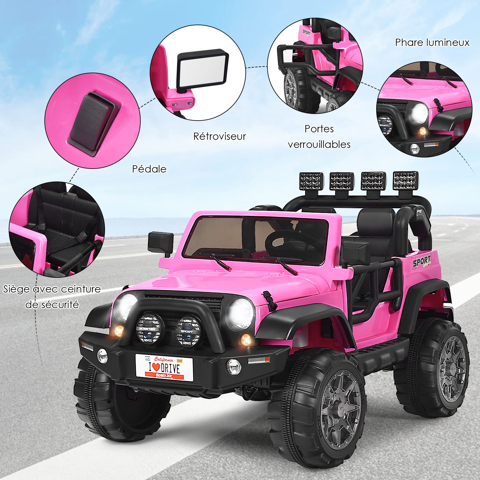 Voiture électrique Enfant 12V DREAMADE 4x4 – Télécommande Parentale, 3 Vitesses, LED, Musique USB – 50 Kg Max
