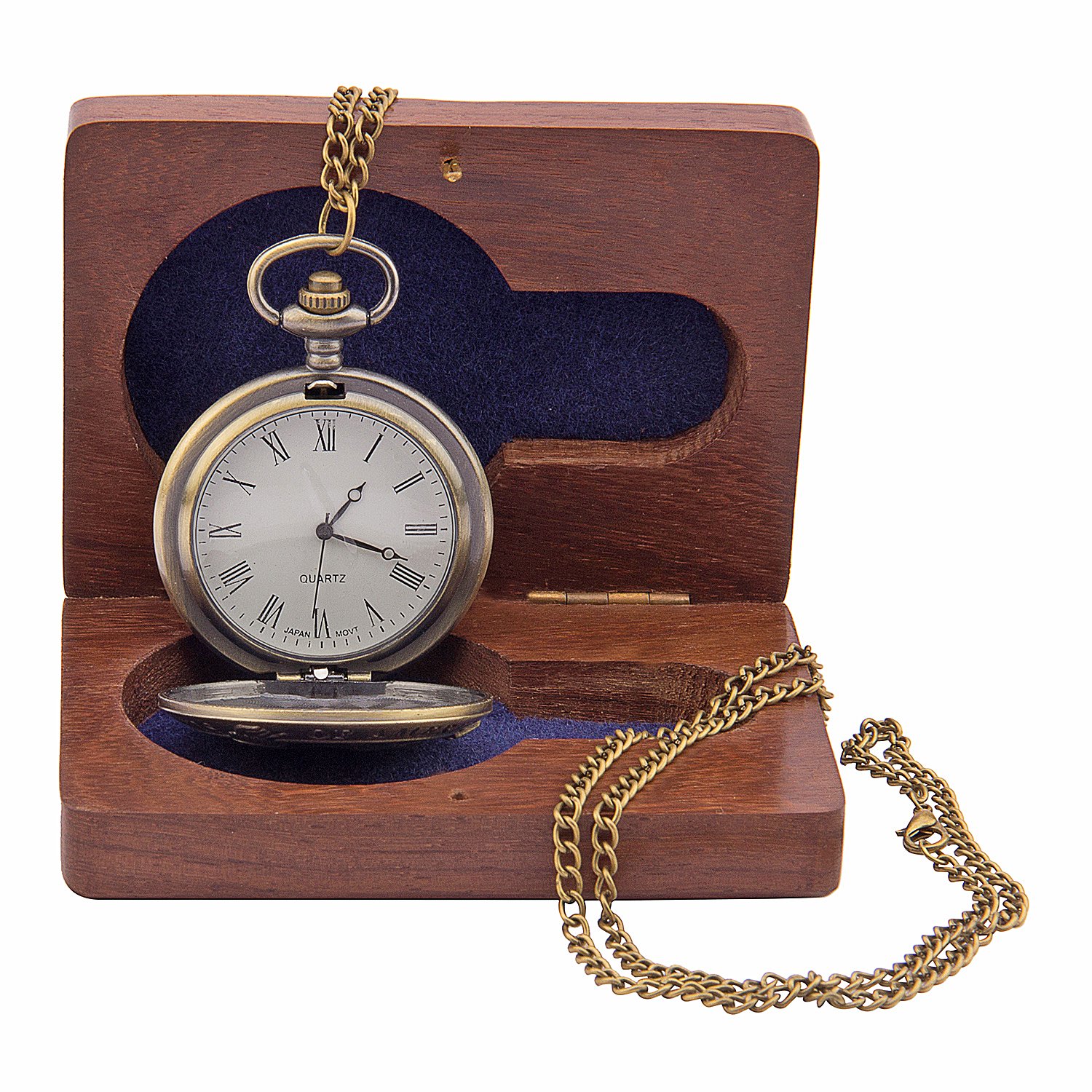 Kartique Full Hunter - Reloj de bolsillo con cadena en relieve, esfera de números romanos con caja de madera, marrón, Estilo vintage
