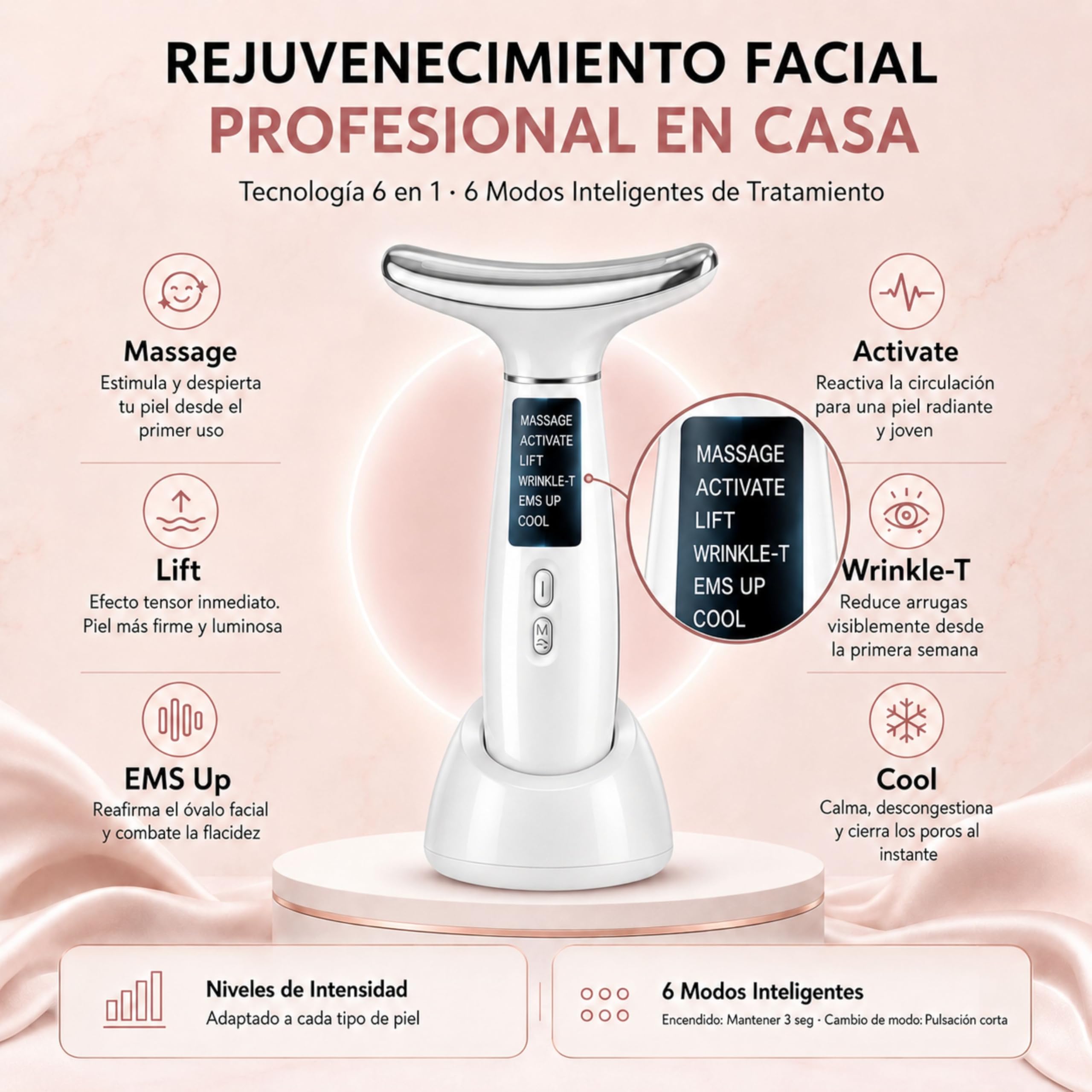 6-in-1-Massagegerät für Gesicht und Hals, straffend und Anti-Falten, Reduktion des Doppelkinns, Elektrostimulator mit LED-Licht, beleuchtet und stellt die Haut wieder her, mit Kalteffekt.