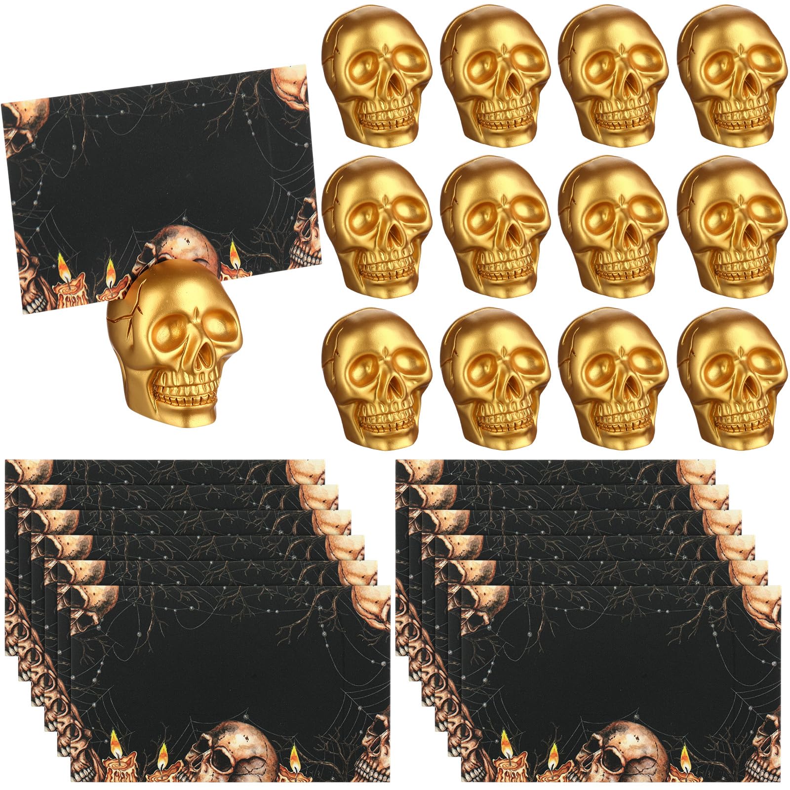 Marspark 12 Pack Halloween Gold Skull Place Card Holders with 12 Cards
