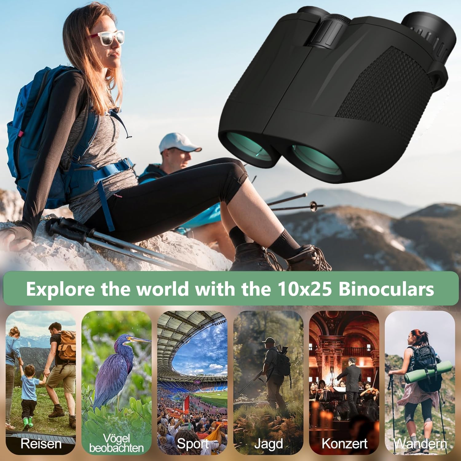 Binocolo 10x25, Binocolo Professionale, con Prisma BaK4 e Lente FMC, Alta potenza Binocolos Compatto,per Birdwatching, Escursionismo, Caccia, Visite, Teatro