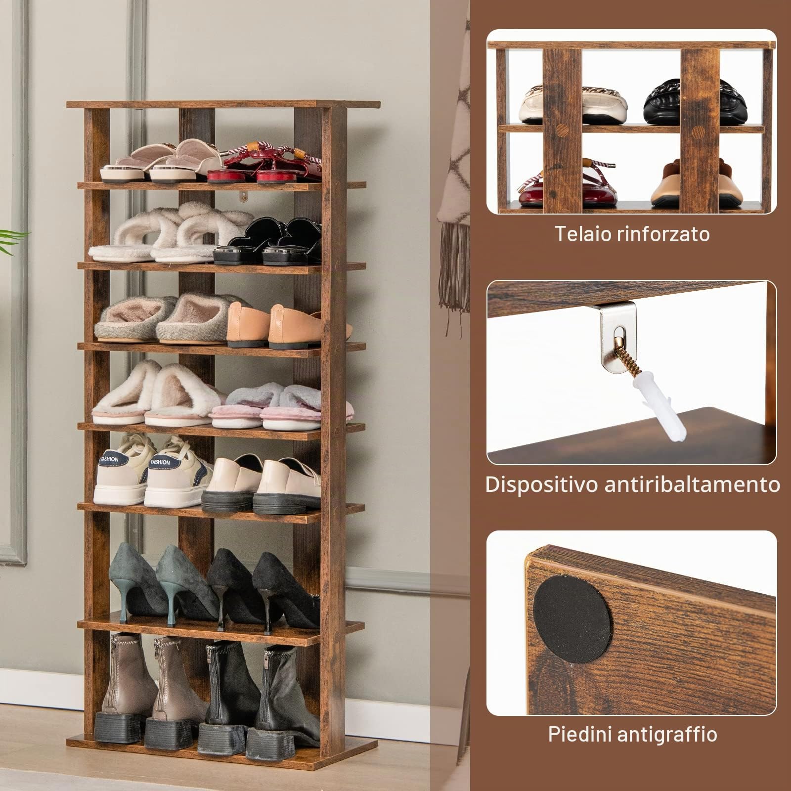 GIANTEX Scarpiera da Ingresso, Portascarpe a 7 Ripiani, Scaffale per 7/14 Scarpe, in Legno, Stretto e Compatto per Salvaspazio, 2 Size di 27,5x26,5x110 cm e 45x25x110 cm (Marrone, L)