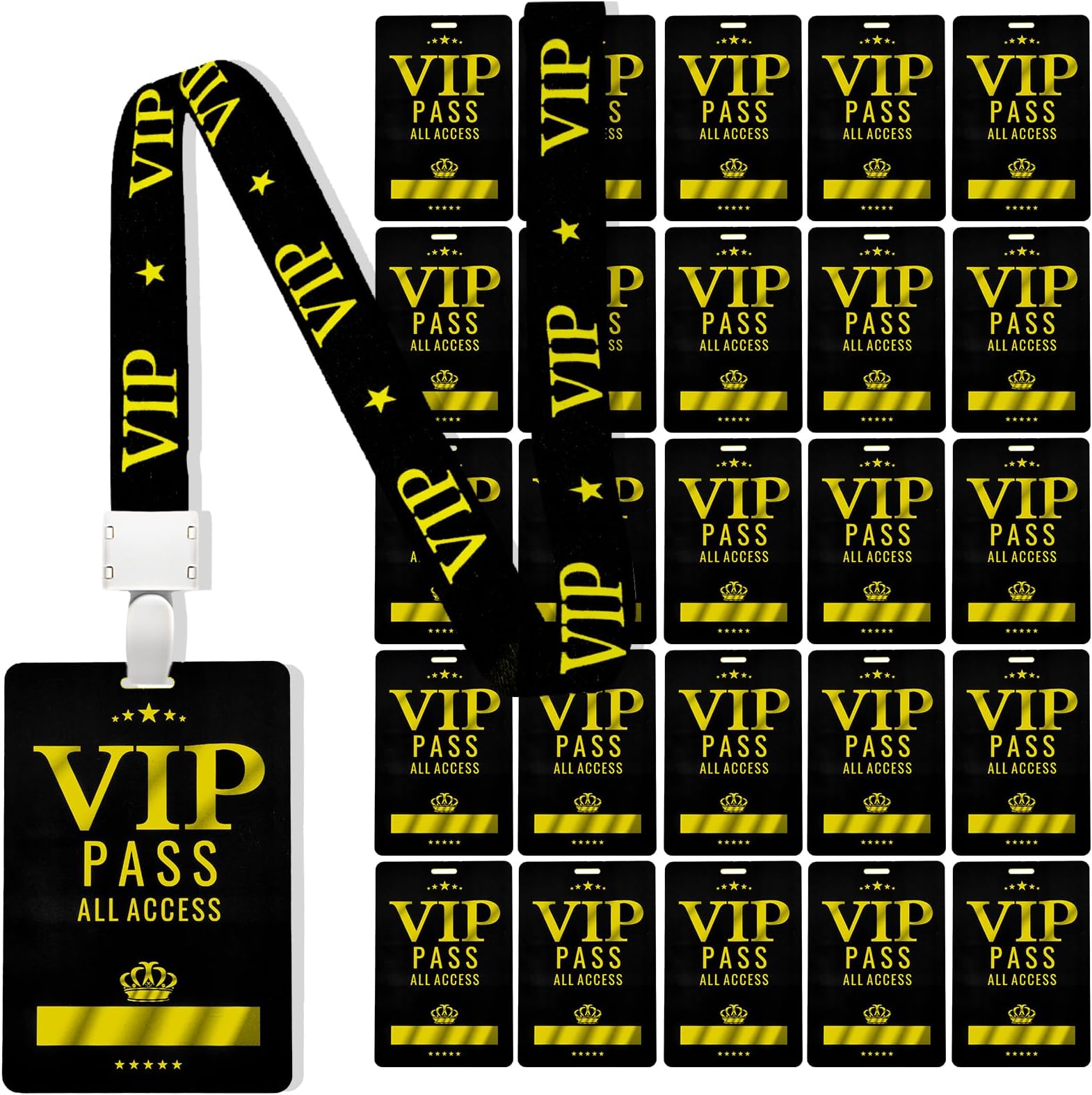 25 Sets VIP Badge Lanyards with VIP Pass Cards, VIP Lanyards, Black Breakaway Lanyards, PVC VIP Cards for Backstage School Concert Party Birthday Gaming, Gold