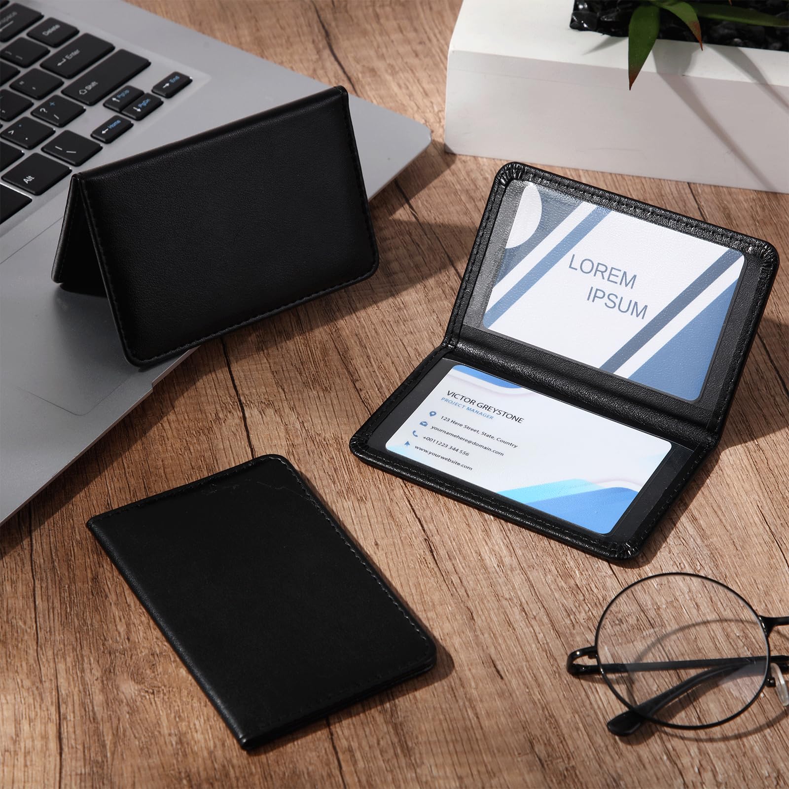MotiMind 12 soportes plegables negros para tarjetas de visita, de piel sintética, soporte de plástico para tarjetas de visita, organizador de tarjetas de doble cara para hombres o mujeres, capacidad