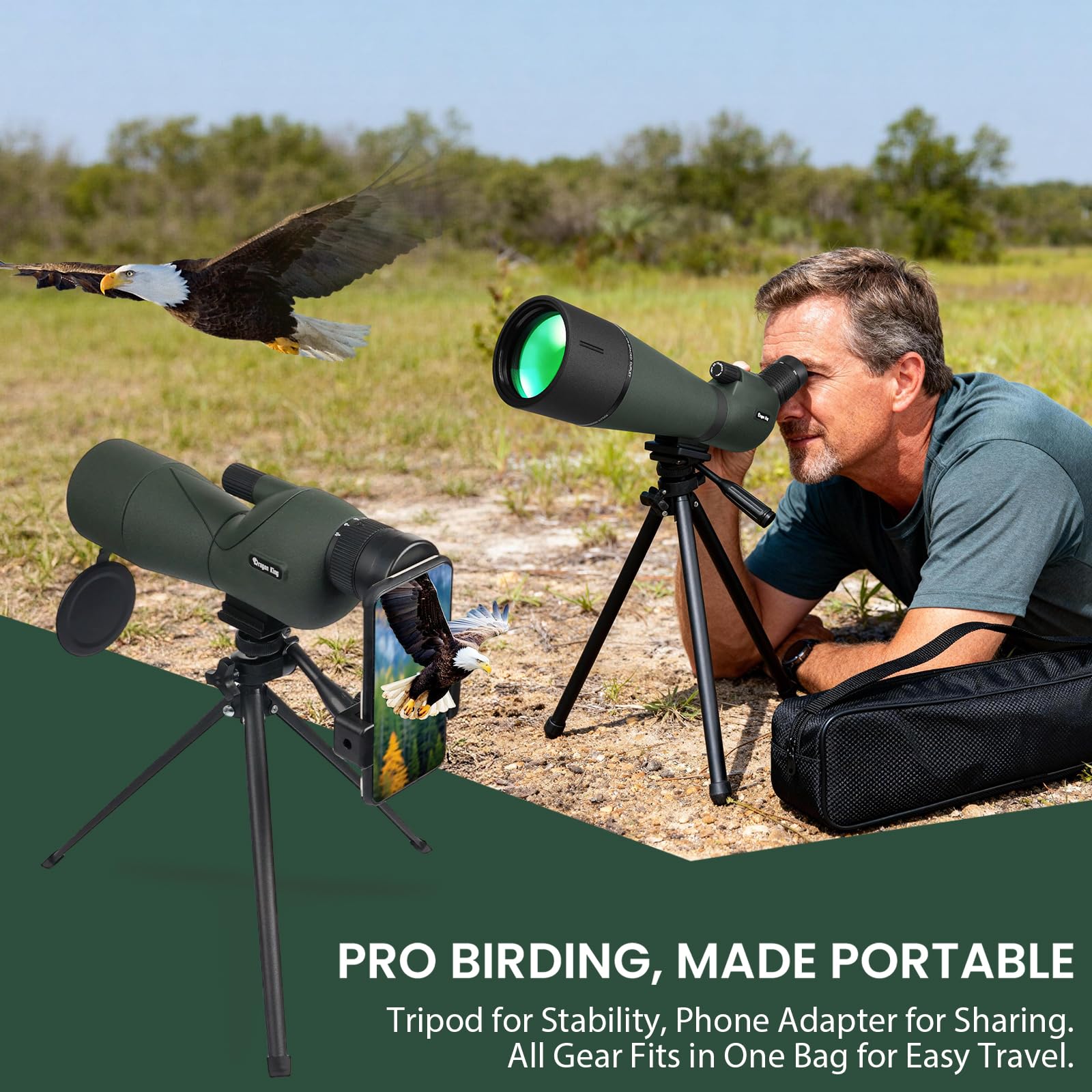 BIBIRE Spektiv 25-75x60 HD mit Stativ, Smartphone-Adapter und Tragetasche für Vogelbeobachtung