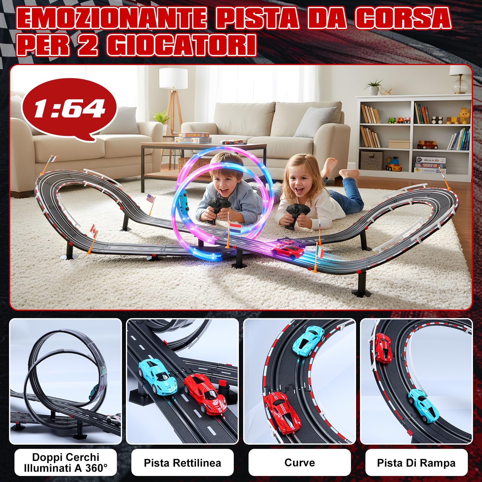 Piste Corsa Elettriche, Illuminato Pista Macchinine Piste Auto Bambini - 4 LED Macchine, Spina, 360° Cerchio, Comandi, Contatore, Piste Corsa Bambini 3 4 5 6 7 8 Anni Giocattoli Regali (L)