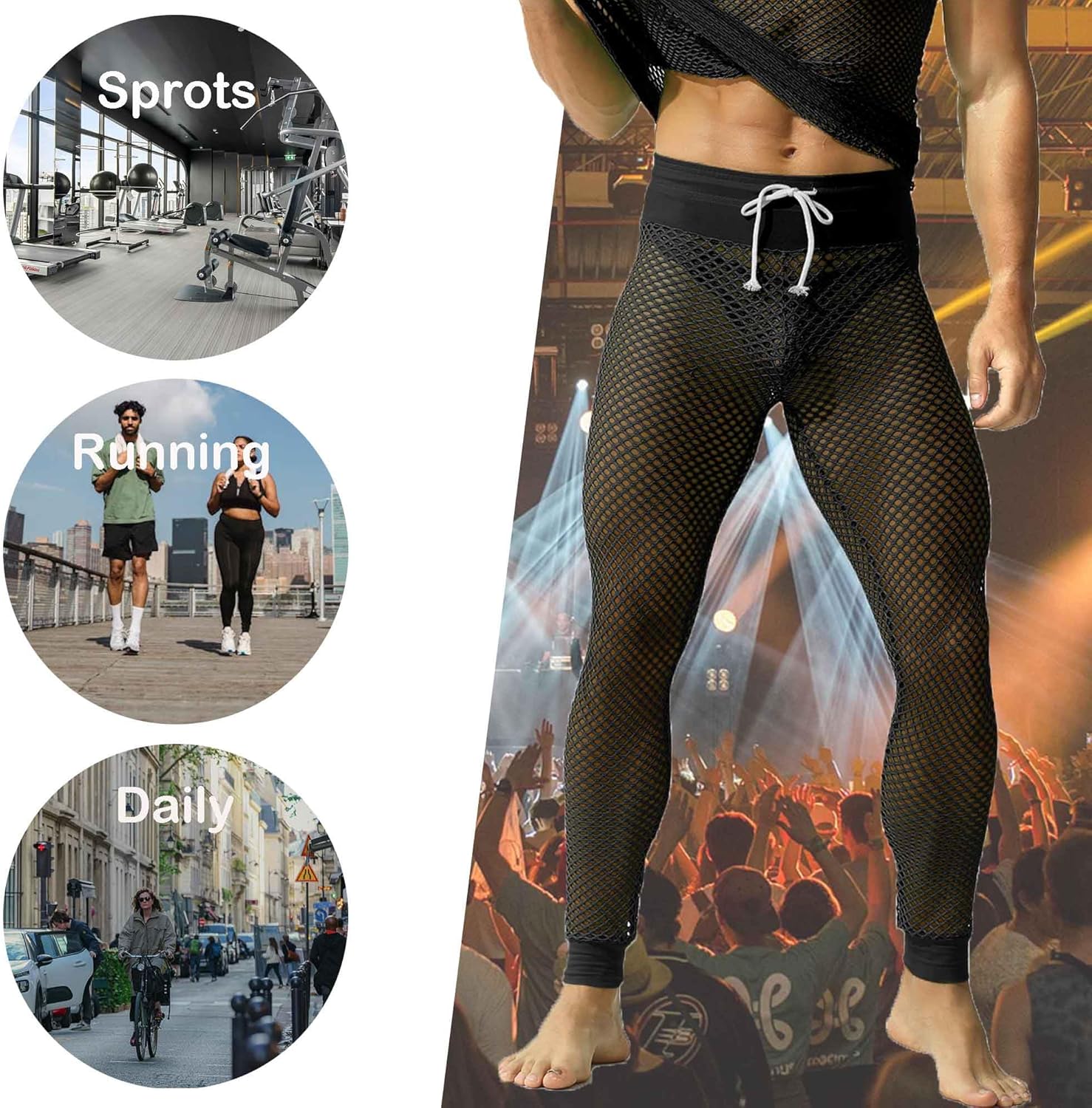 QiaTi Men's Fishnet Pants Mesh See Through Muscle Leggings Stretchy Drawstring Long Pants - Image 5