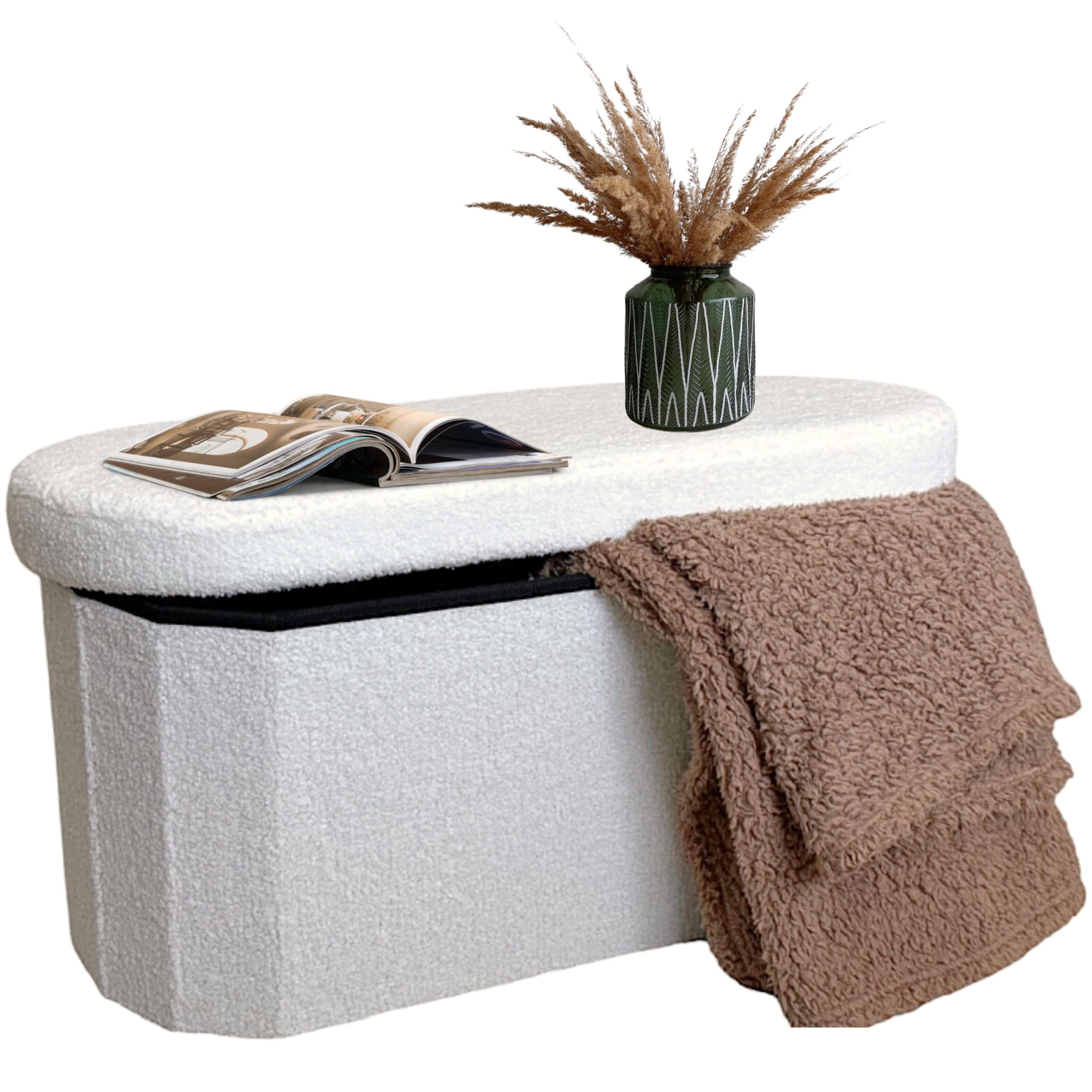 LAMBY HOME Banco Almacenaje - Puff Almacenaje Borreguito, Baul Almacenaje Dormitorio, Decoracion Habitacion, Reposapies Salon con Asiento, Zapatero Entrada Recibidor, Puff Salon/Cama, Color Blanco