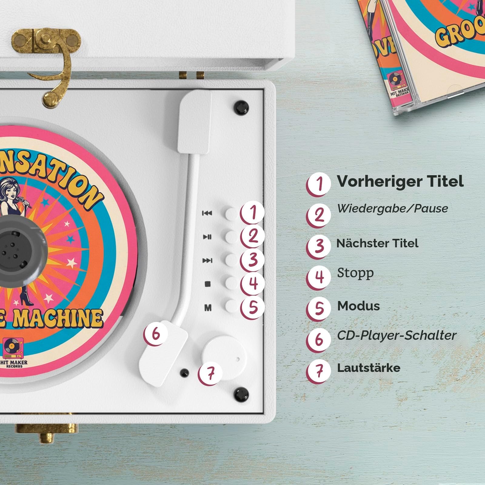 KLIM Retro CD Player – Tragbarer CD-Player mit Lautsprecher, Bluetooth-Empfänger, AUX, USB, Akku, Retro-Design, für Zuhause und Dekoration – Weiß