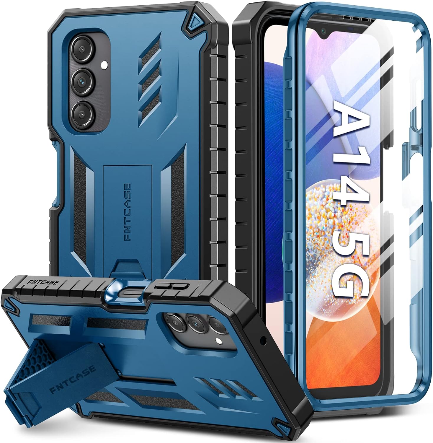 FNTCASE for Samsung Galaxy A14-5G Case: Dual-Layer Protective Textured Shockproof Rugged TPU Cover with Kickstand | Military Grade Drop Protection | Heavy Duty Cell Phone Protector - Blue