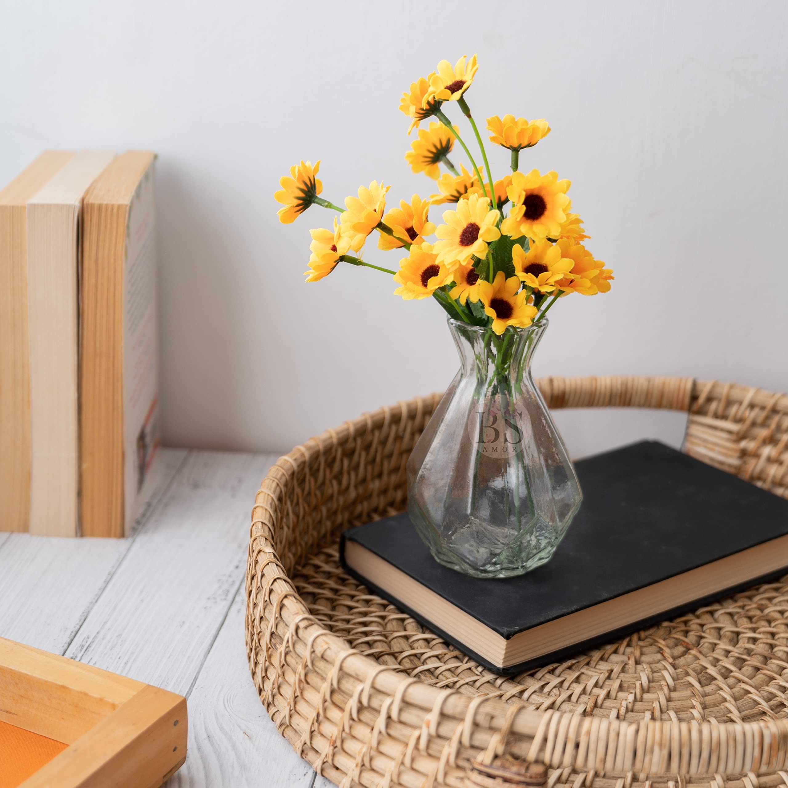 BS AMOR Artificial Flower with Clear Diamond Glass Vase Flowers Arrangement Flowers Polyster Bunch for Home Office Décor Table Centerpiece House Decorations,Sunflower Bunch