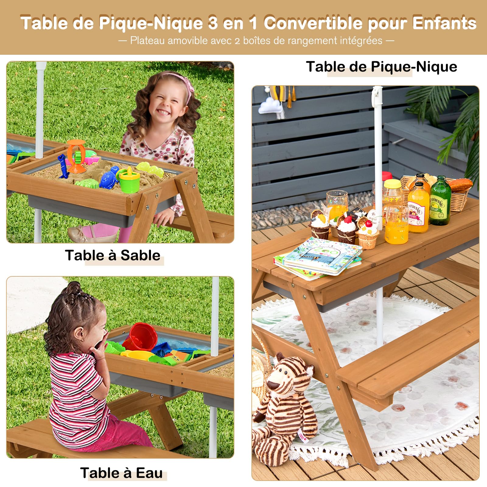 DREAMADE 3 en 1 Table de Pique-Nique Enfants 3-7Ans avec Parasol,Table de Camping et Bancs Pliable&Amovible,Plateau Détachable pour Jardin,Terrasse,Cadeau pour Garçons et Filles (Blanc+Vert)
