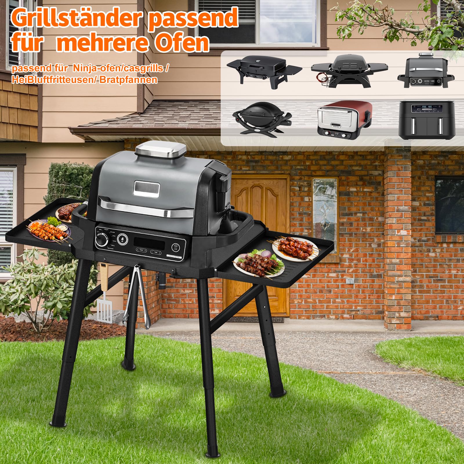Grillständer für Ninja Woodfire Außenofen Serie und Grillständer, Beweglicher Ständer zum Ninja Woodfire mit Beistelltisch,Pizzaofenständer Grillzubehör