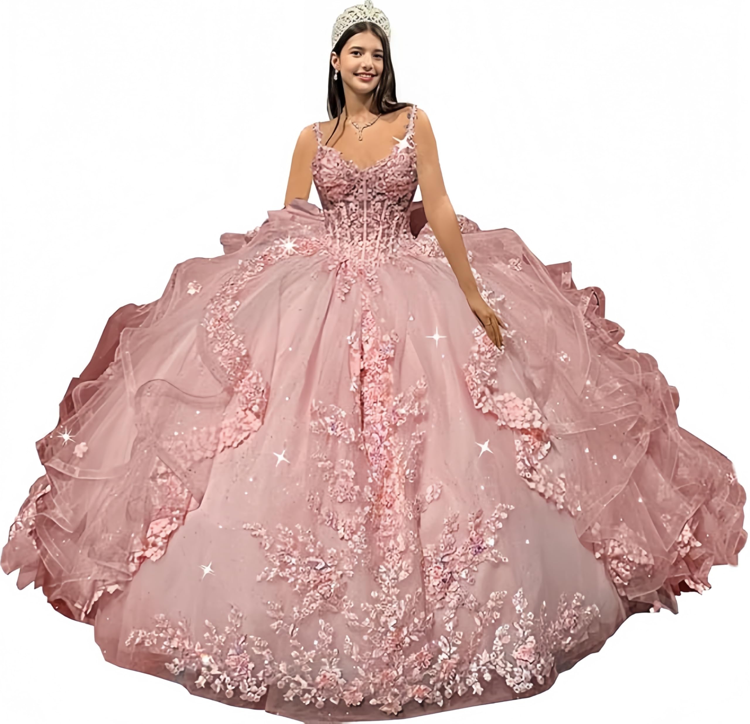 ZHengquan Princess Spaghetti Strap Tulle Quinceanera Dresses Sweet 15 16 Dresses with Bow Puffy Ruffled Ball Gown with