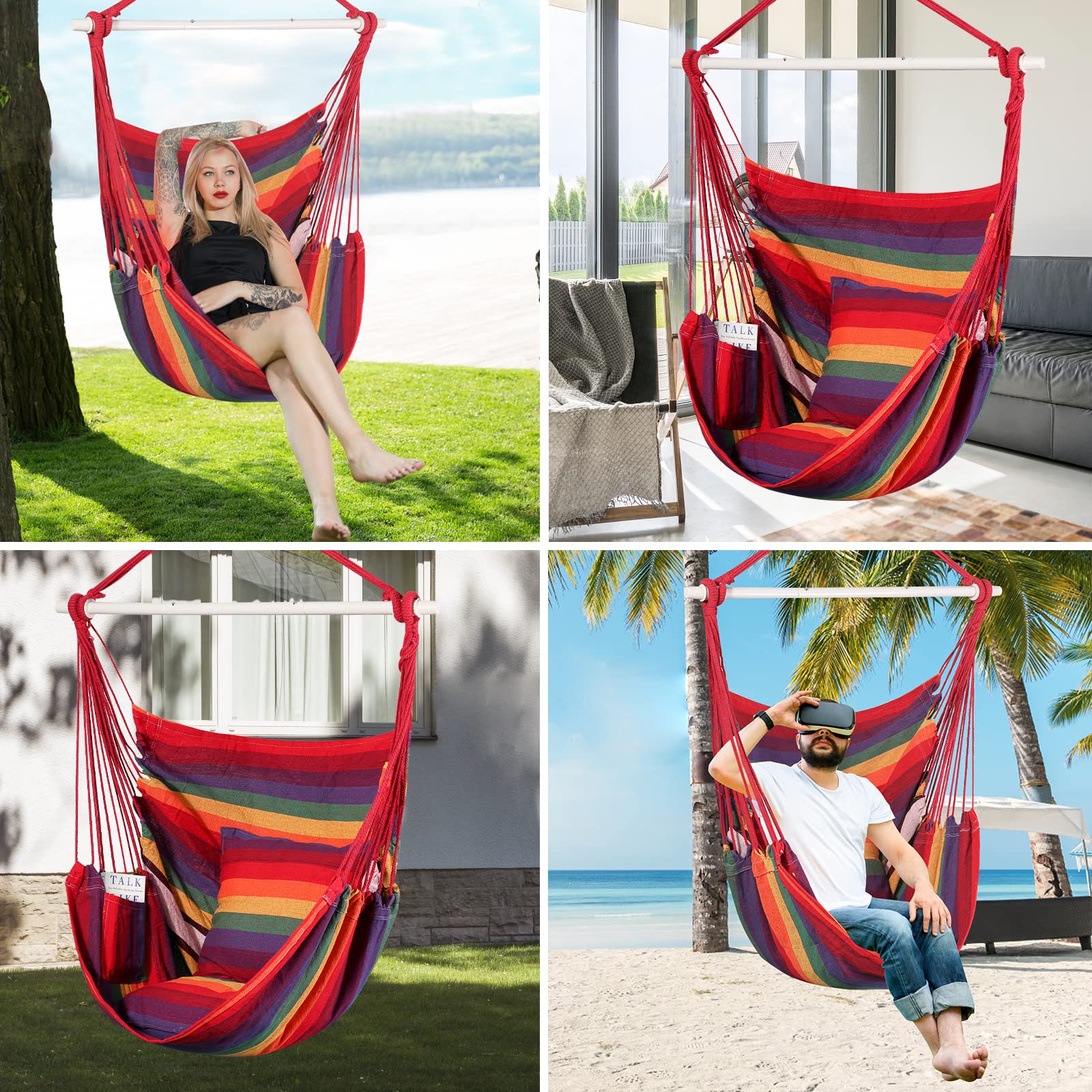 Goutime Poltrona Altalena Sospesa, Sedia a Dondolo in Cotone Morbido con 2 Cuscini e Borsa di Conservazione, Max Portata 150kg, Ideale per Camera da Letto, Patio, Giardino e Balcone (Arcobaleno)