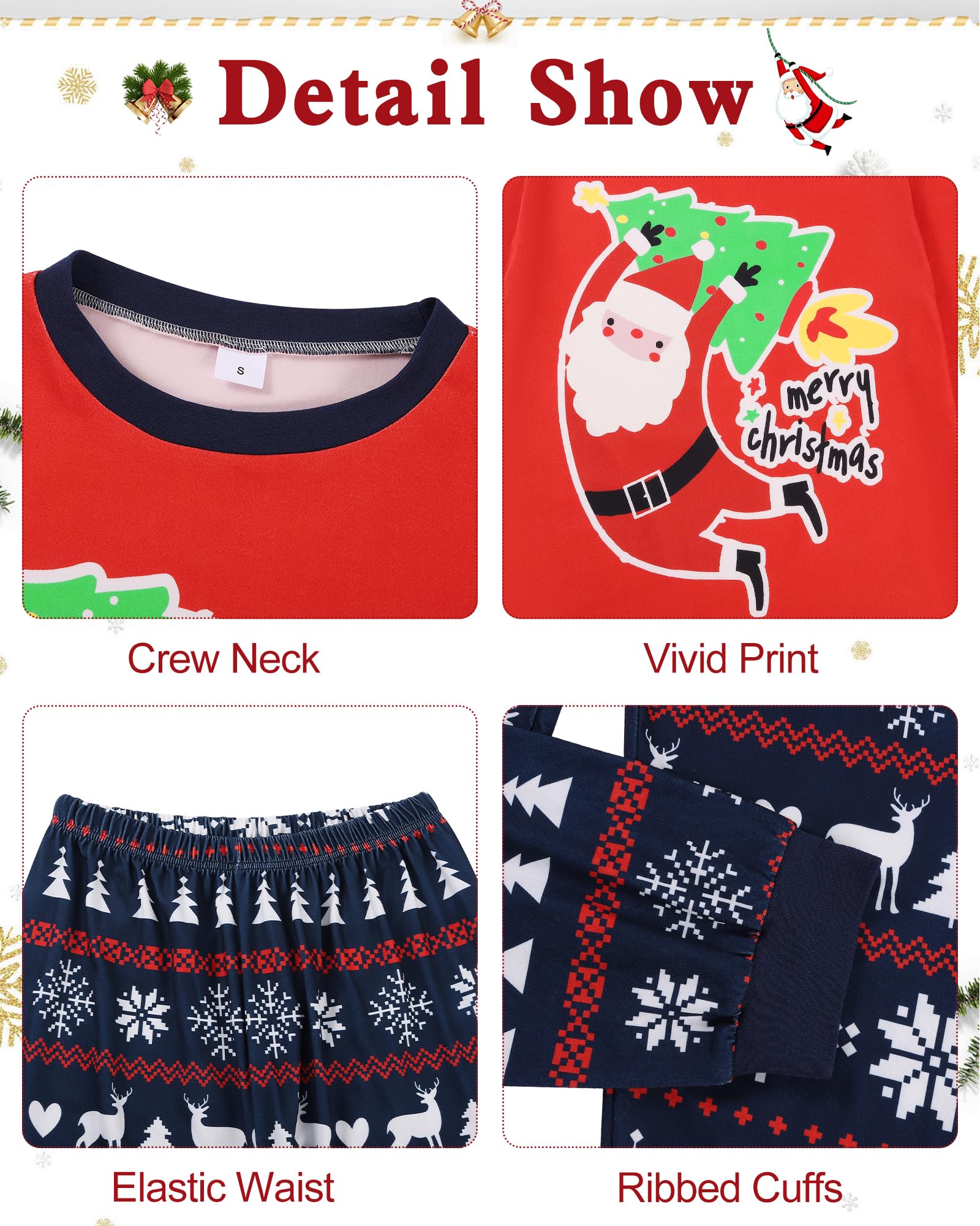 Hotfiary Ensemble de pyjama de Noël assorti pour la famille avec imprimé Père Noël, haut à manches longues et bas de pyjama à carreaux, vêtements de nuit de Noël pour femmes, hommes, adultes, enfants