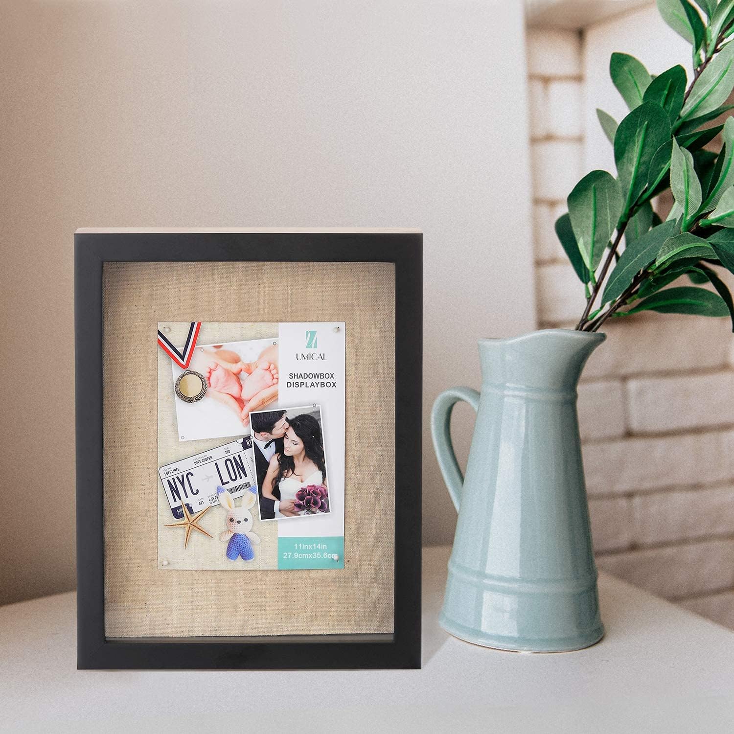 UMICAL 11x14 Shadow Box Display Case Black Wooden Shadow Box Frame with Linen Board and Stick Pins Memorabilia Awards Medals Photos Tickets Art Bouquet Memory Box for Keepsakes