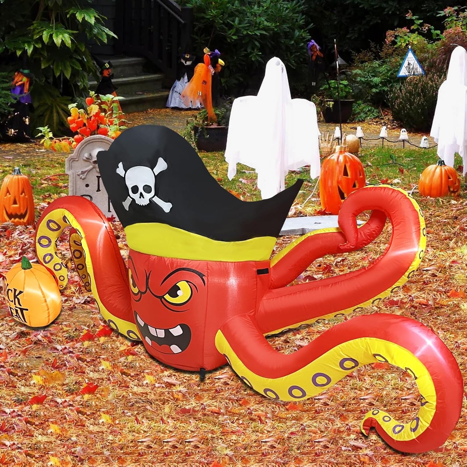 ZXSWONLY 2,3 m großer aufblasbarer Piratenoktopus für Halloween, Grusel-Oktopus mit Kürbis, aufblasbare Halloween-Dekoration mit integrierten LEDs für Garten, Terrasse und Halloween-Party