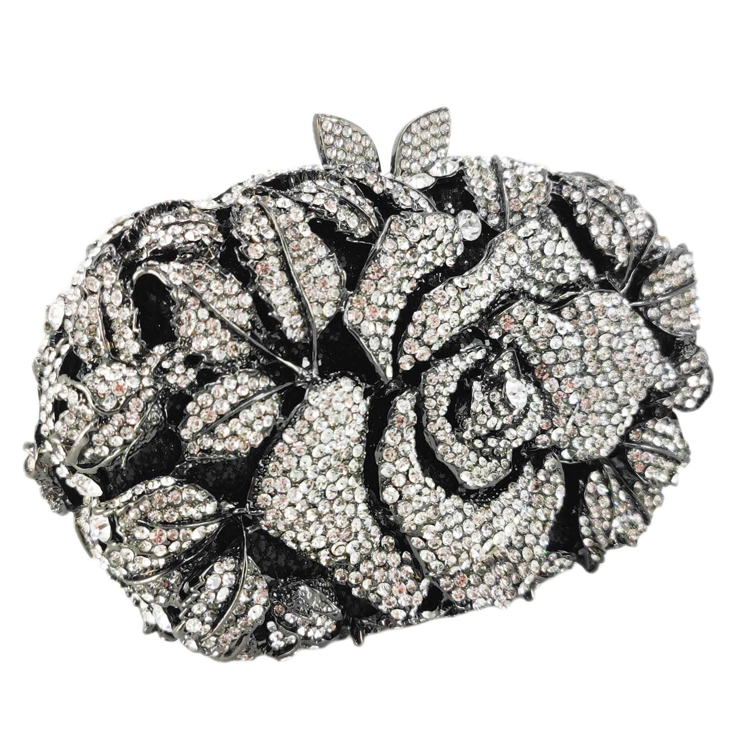 Boutique De FGG Pochette da sera con fiori da donna, borsetta da sposa, pochette con strass rosa e strass, mini
