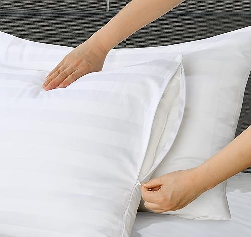 Miniatura 4 de Juego de 2 fundas de almohada de tamaño estándar 100 % algodón egipcio, 400 hilos, tejido satinado, con cremallera oculta, transpirable, de fácil