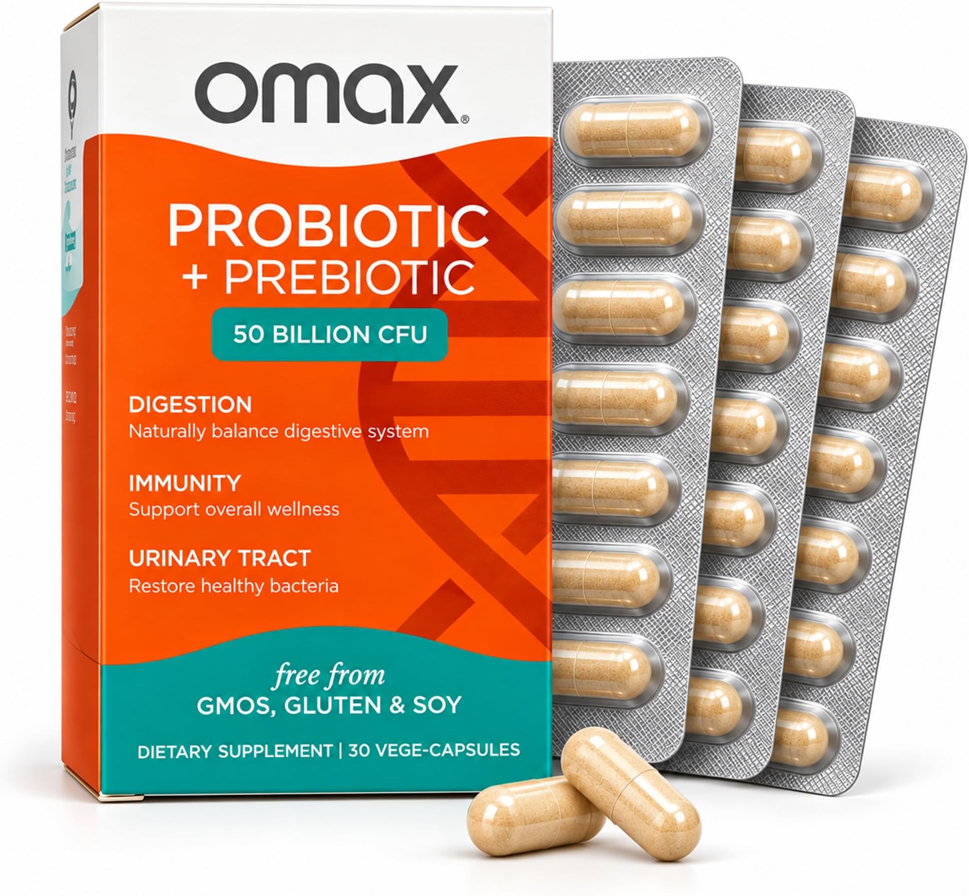 Omax Probiotic & Prebiotic 50B CFU + Chicory Inulin, 30 Counts 1 Pack